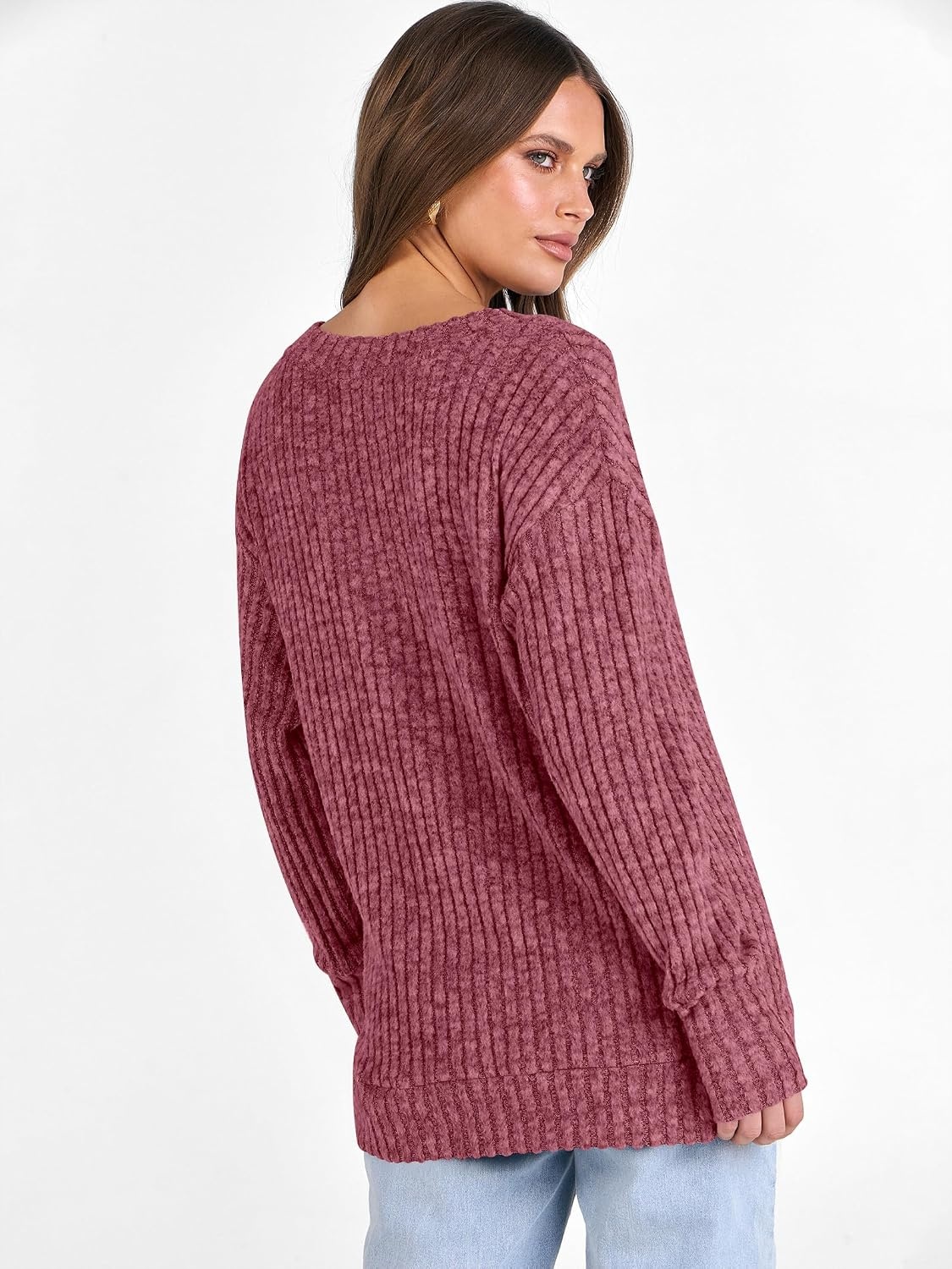 image:imageANRABESS Ribbed V Neck Long Sleeve Shirts for WomenRed