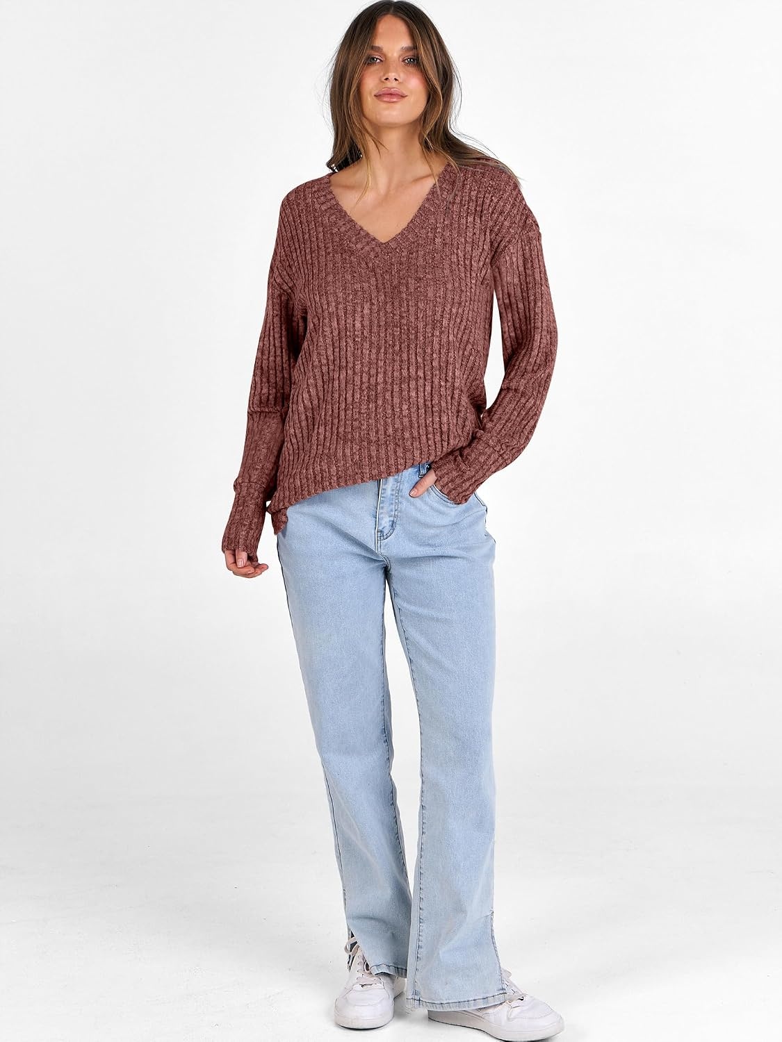 image:imageANRABESS Ribbed V Neck Long Sleeve Shirts for WomenRust