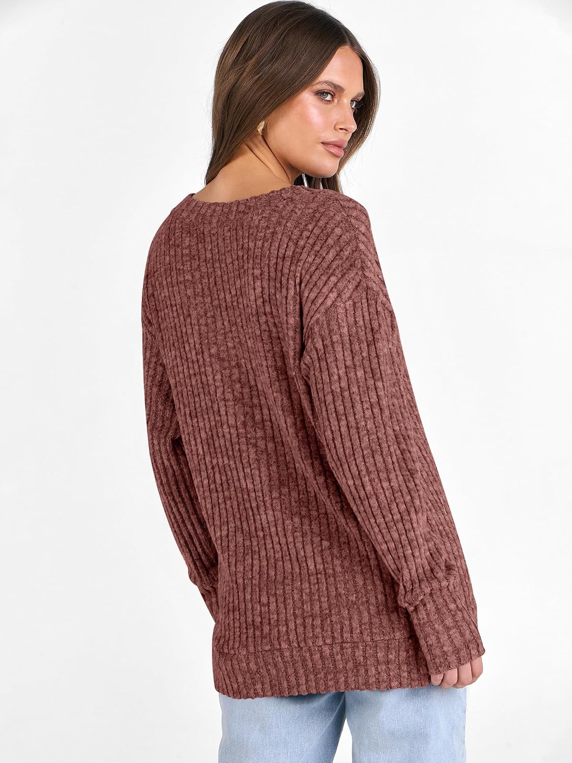 image:imageANRABESS Ribbed V Neck Long Sleeve Shirts for WomenRust