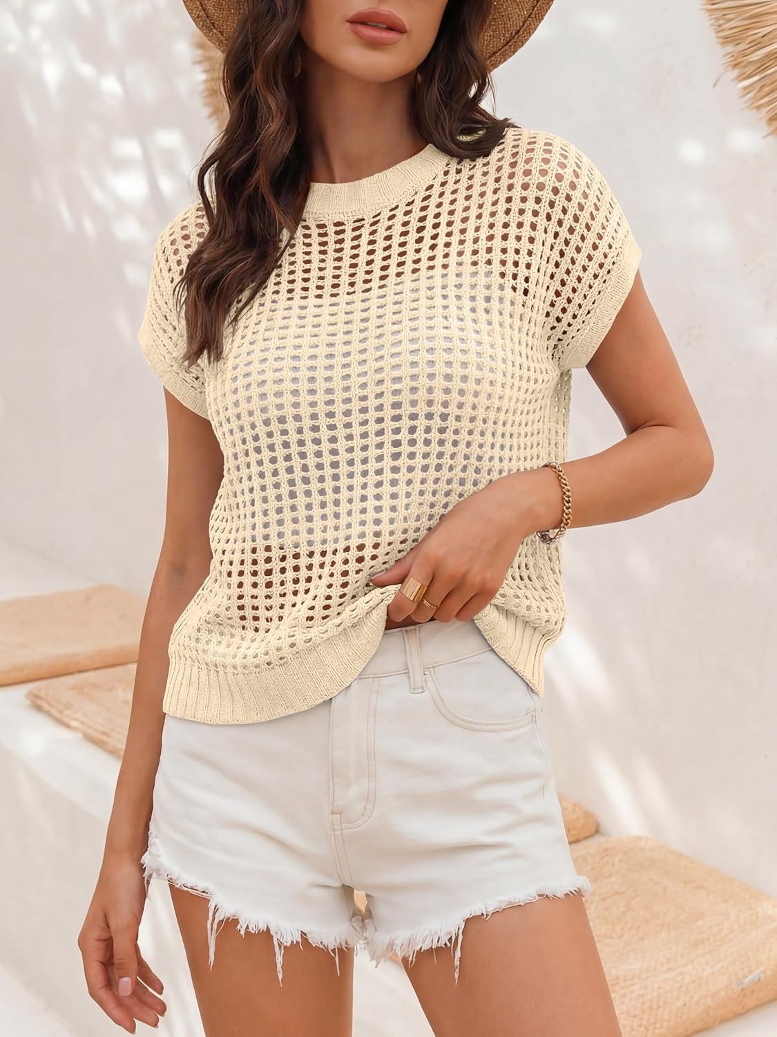 image:imageANRABESS Short Sleeve Sweater for Women Summer Crochet Knit TopsBeige