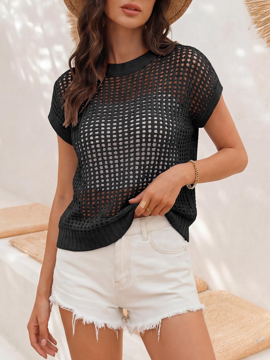 image:imageANRABESS Short Sleeve Sweater for Women Summer Crochet Knit TopsBlack