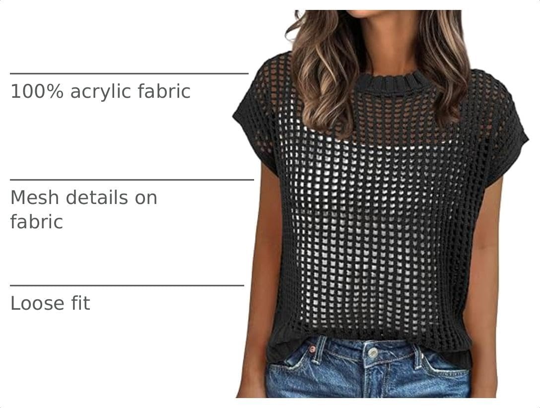 image:imageANRABESS Short Sleeve Sweater for Women Summer Crochet Knit TopsBlack