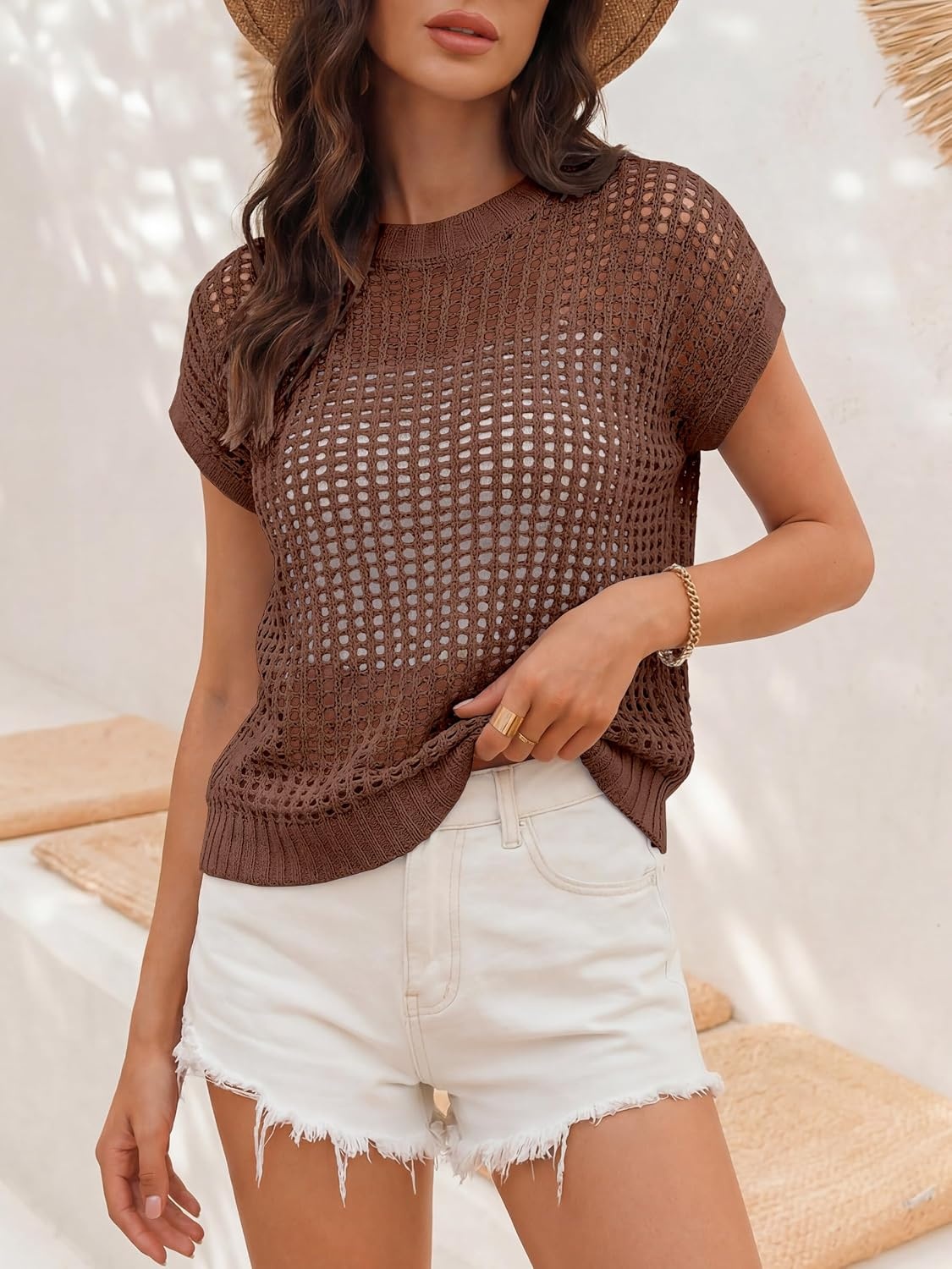 image:imageANRABESS Short Sleeve Sweater for Women Summer Crochet Knit TopsBrown