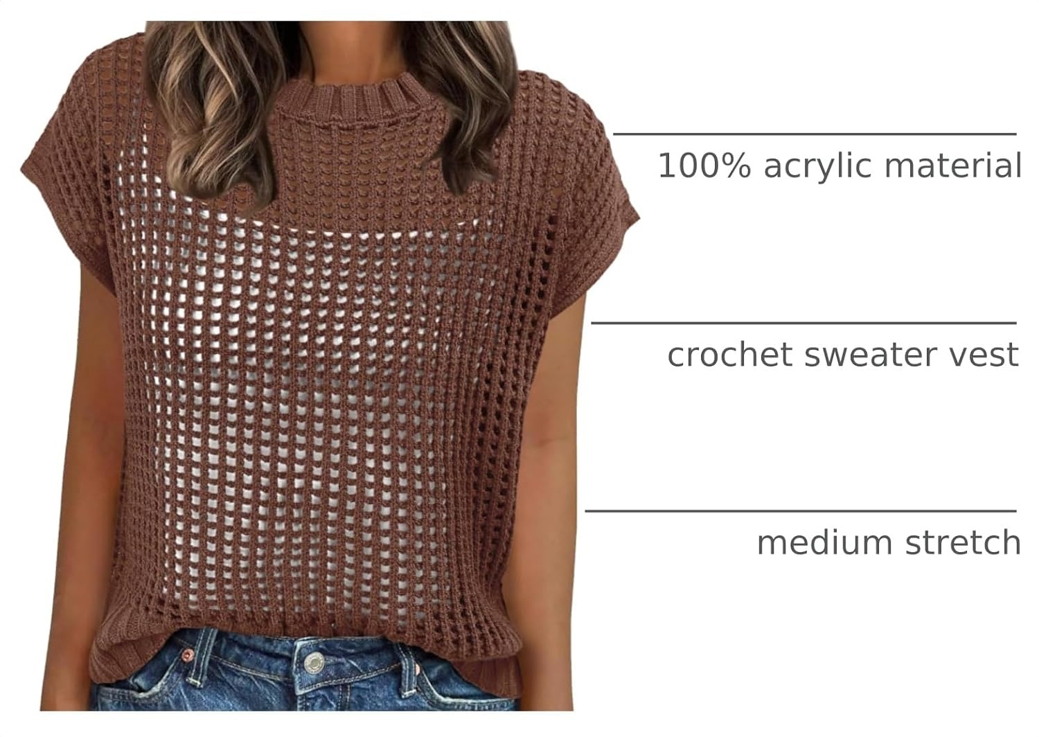 image:imageANRABESS Short Sleeve Sweater for Women Summer Crochet Knit TopsBrown