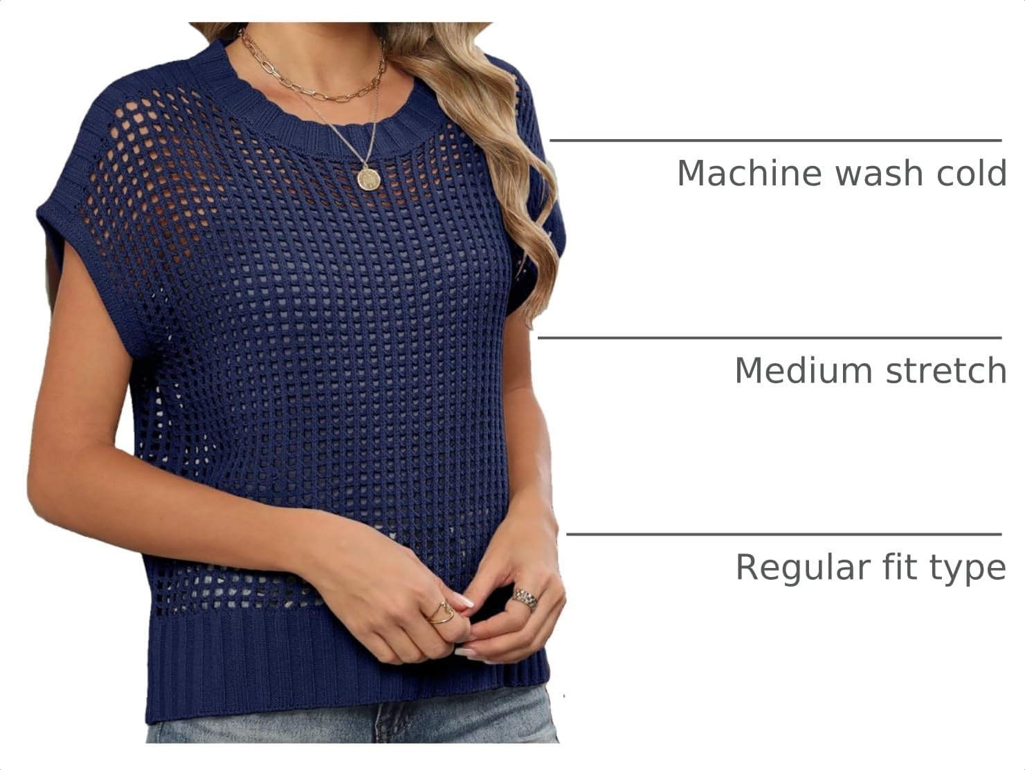 image:imageANRABESS Short Sleeve Sweater for Women Summer Crochet Knit TopsNavy Blue