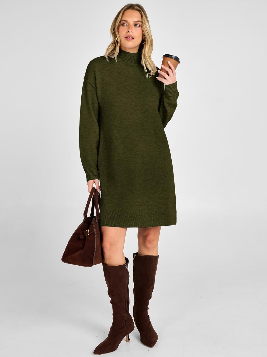 image:imageANRABESS Sweater Dress for Women Fall Oversized Mock Neck Long Sleeve DressArmy Green