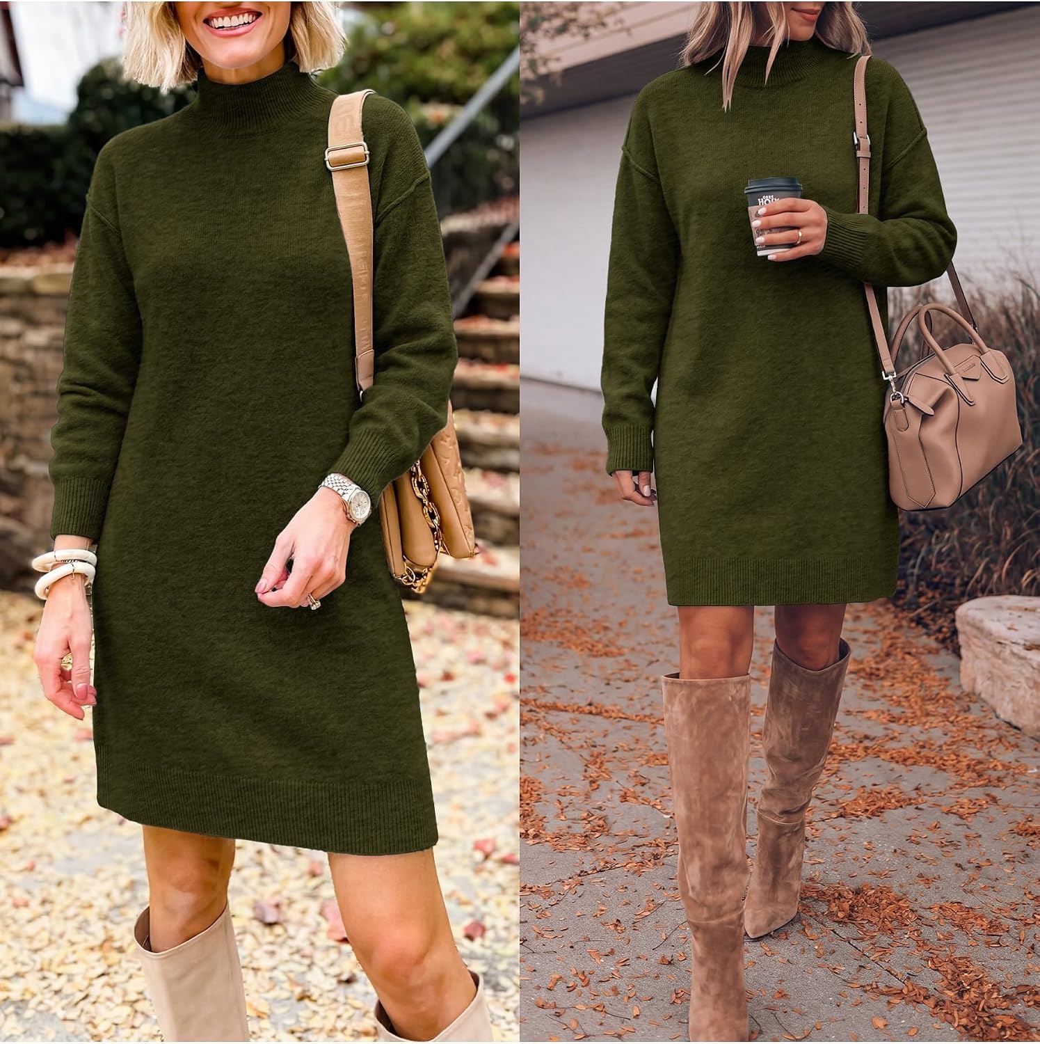 image:imageANRABESS Sweater Dress for Women Fall Oversized Mock Neck Long Sleeve DressArmy Green