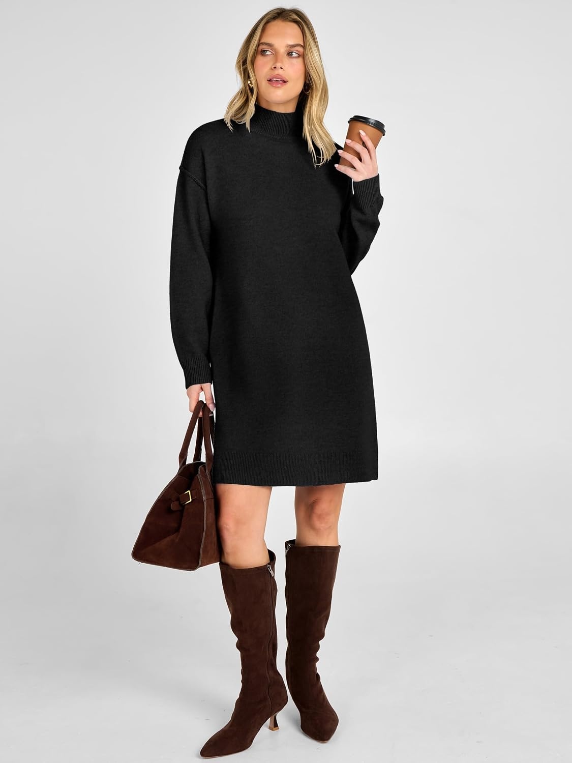 image:imageANRABESS Sweater Dress for Women Fall Oversized Mock Neck Long Sleeve DressBlack