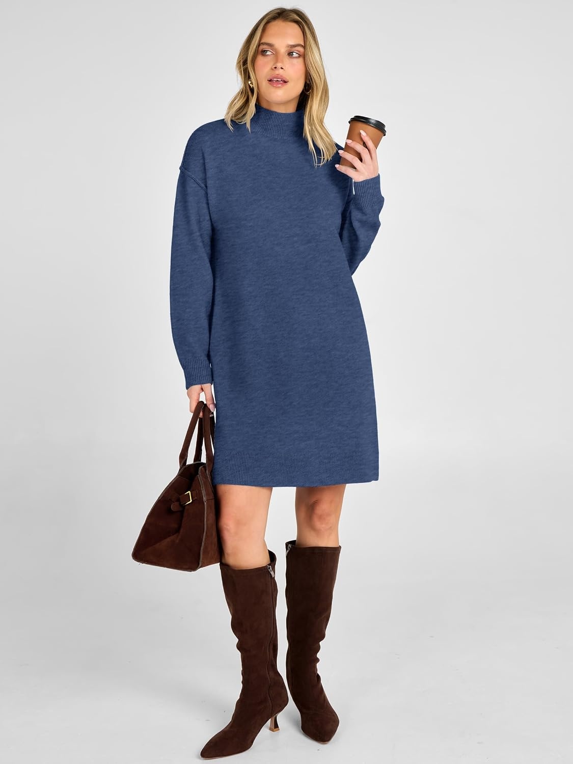 image:imageANRABESS Sweater Dress for Women Fall Oversized Mock Neck Long Sleeve DressBlue