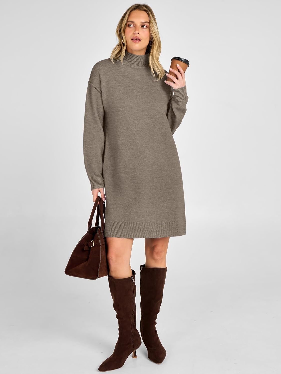 image:imageANRABESS Sweater Dress for Women Fall Oversized Mock Neck Long Sleeve DressDark Khaki