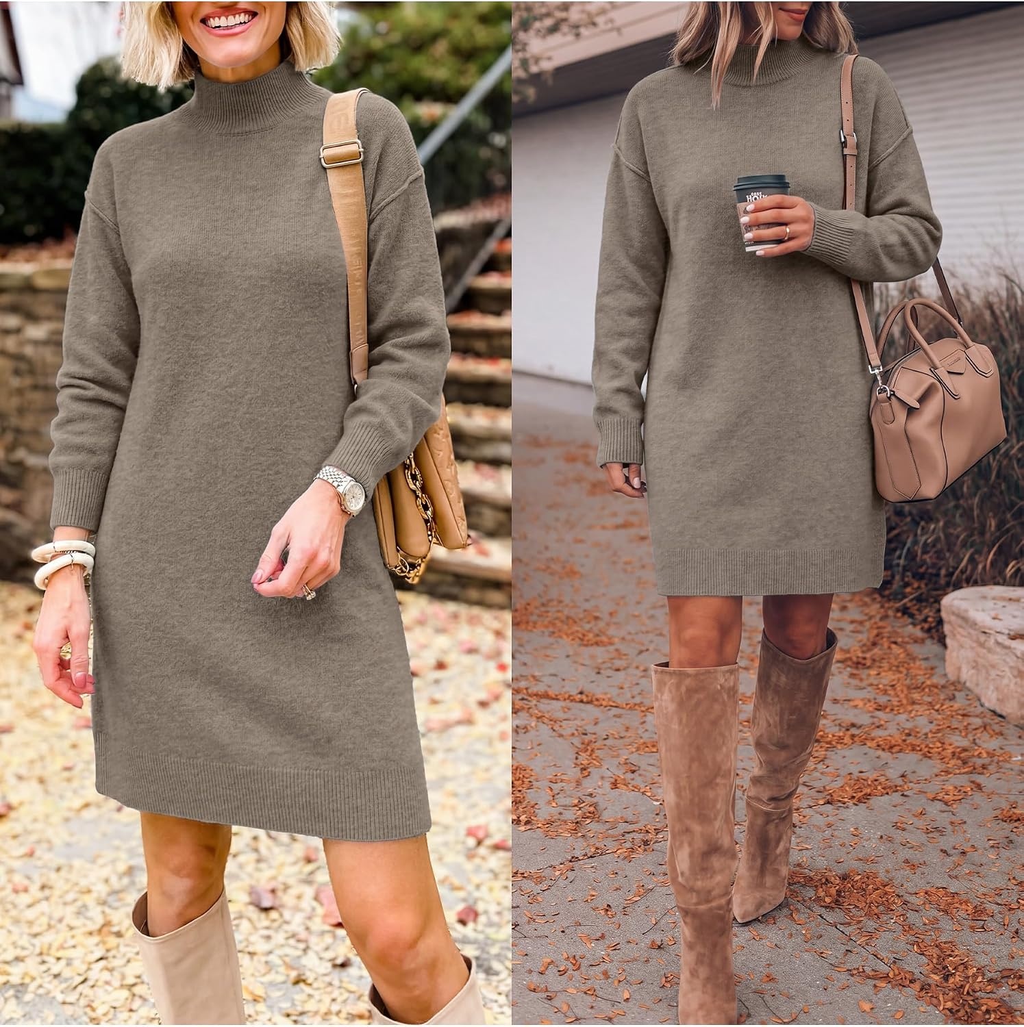 image:imageANRABESS Sweater Dress for Women Fall Oversized Mock Neck Long Sleeve DressDark Khaki