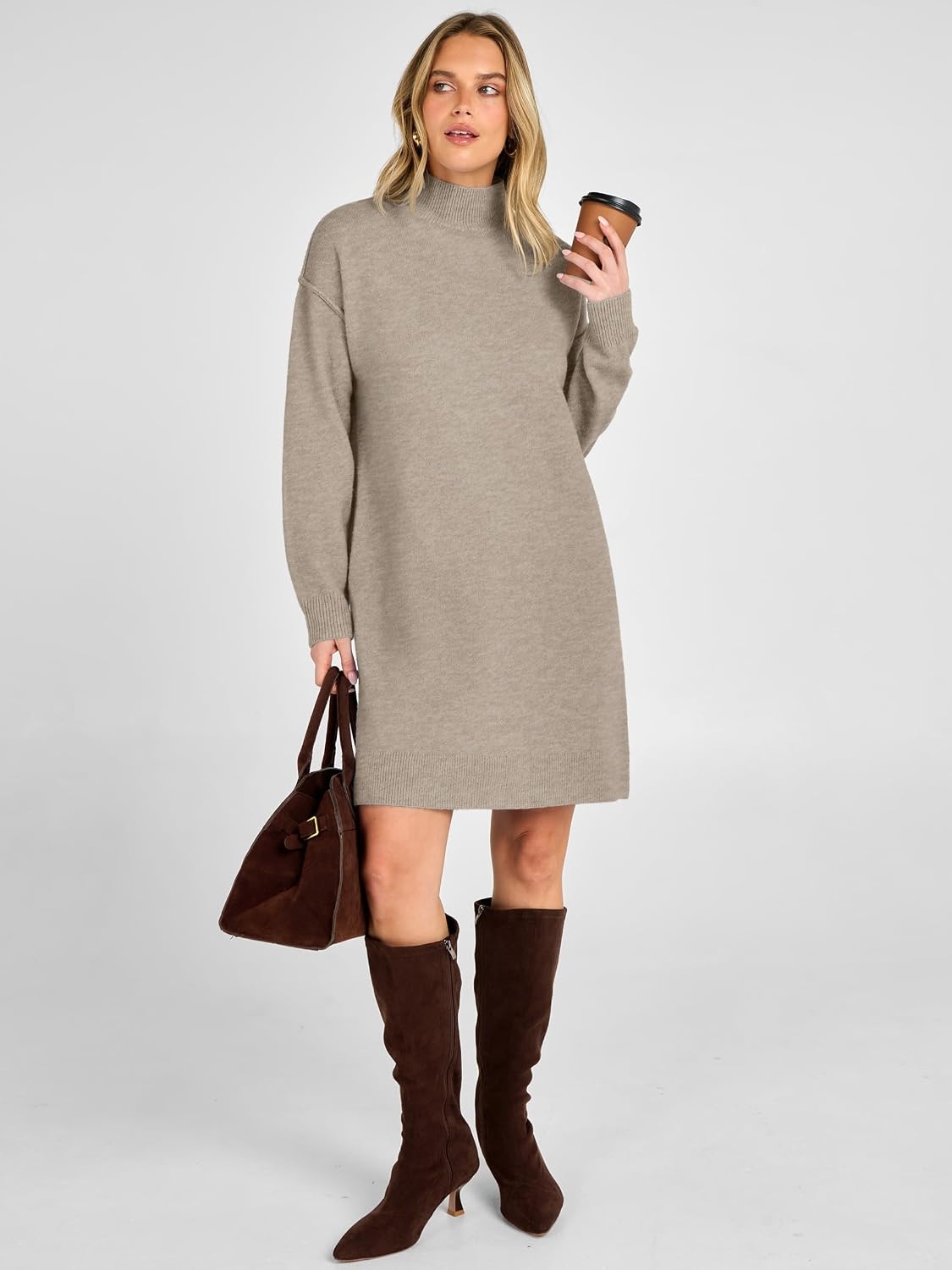 image:imageANRABESS Sweater Dress for Women Fall Oversized Mock Neck Long Sleeve DressKhaki