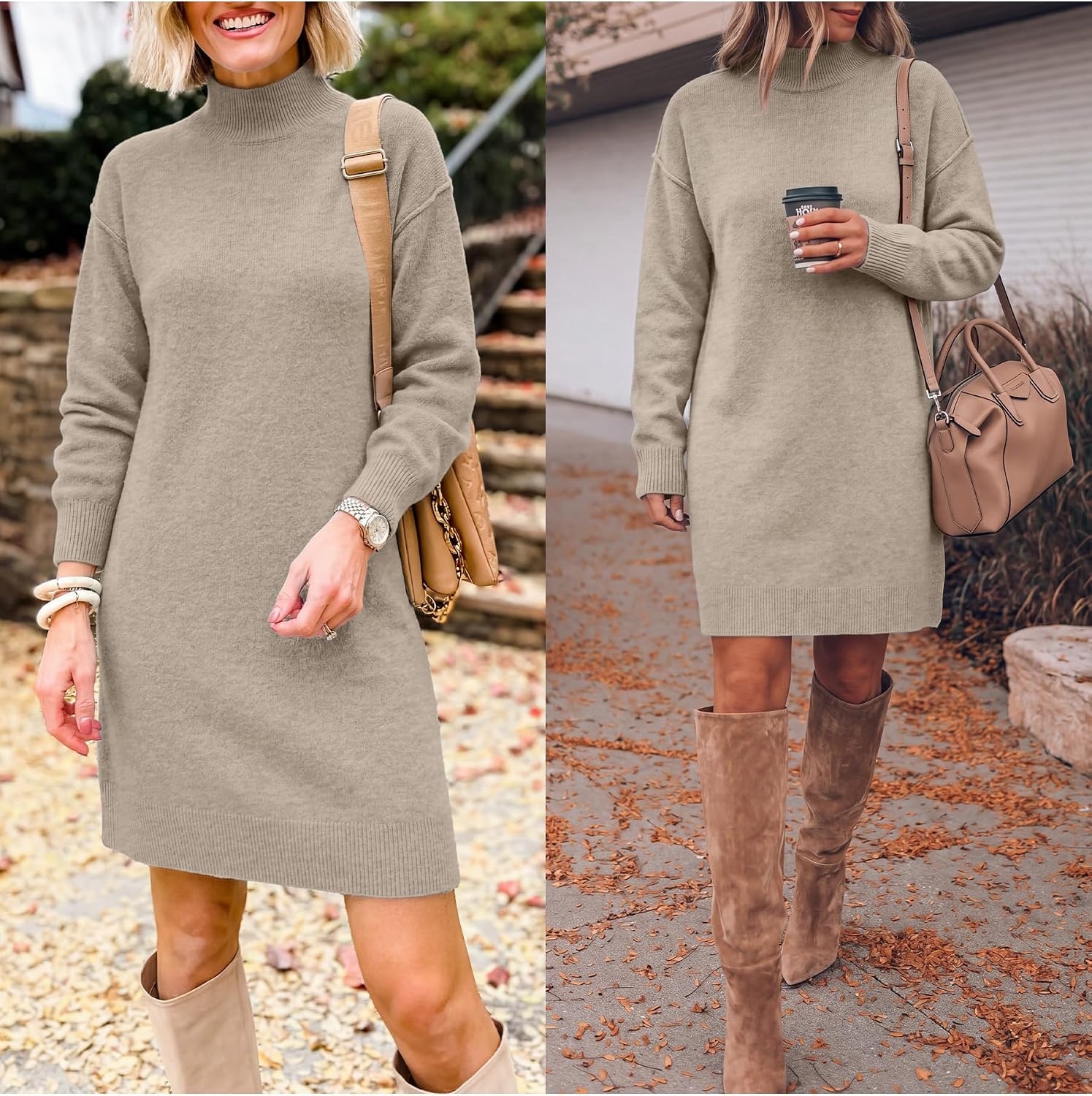 image:imageANRABESS Sweater Dress for Women Fall Oversized Mock Neck Long Sleeve DressKhaki
