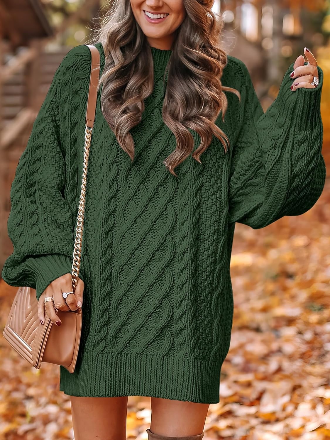 image:imageANRABESS Sweater Dress for Women Oversized Cable Knit Fall Long SleeveDeep Green