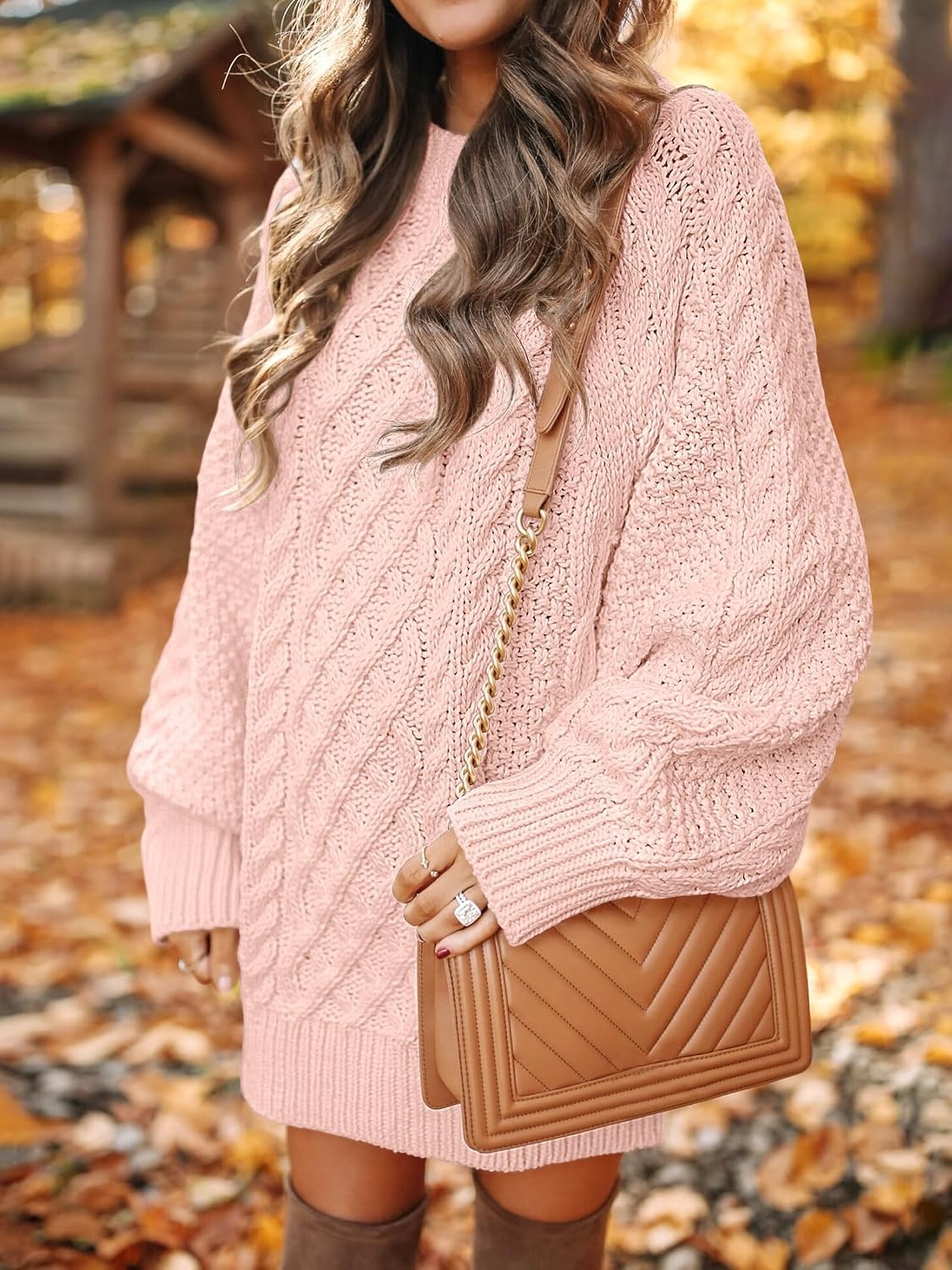 image:imageANRABESS Sweater Dress for Women Oversized Cable Knit Fall Long SleevePink