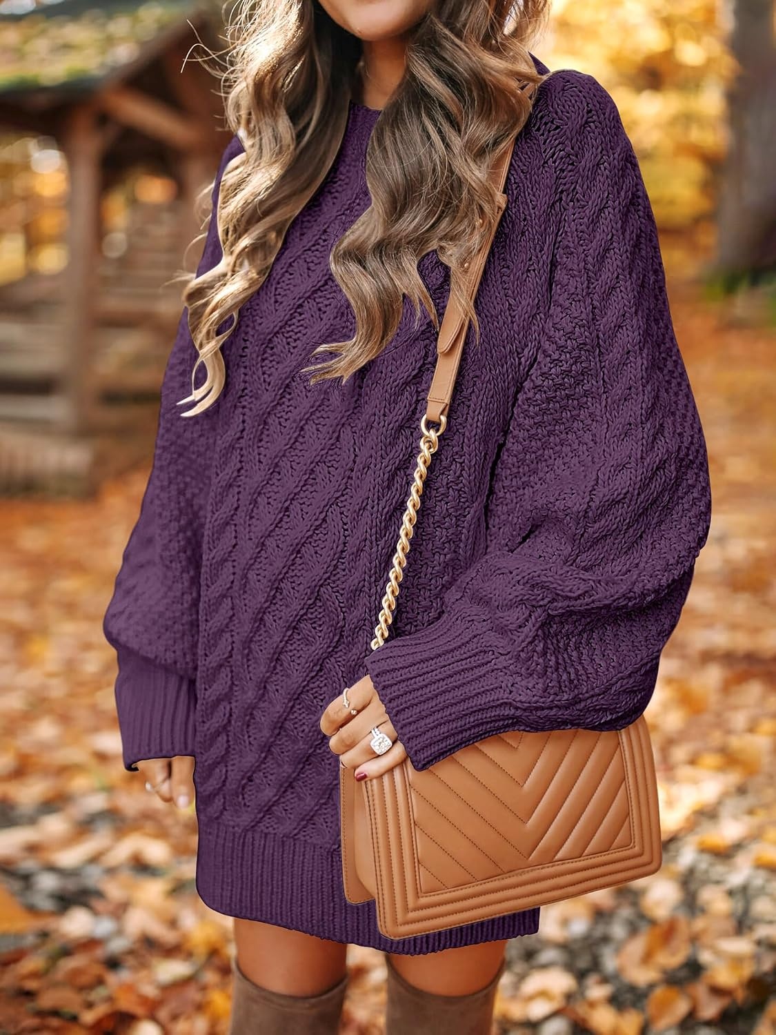 image:imageANRABESS Sweater Dress for Women Oversized Cable Knit Fall Long SleevePurple