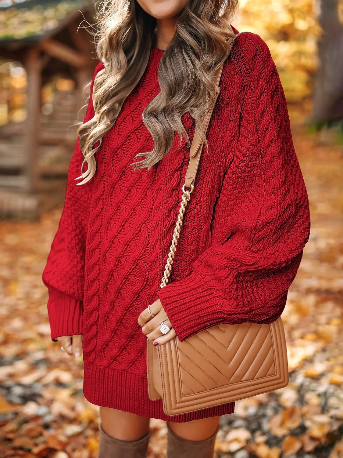 image:imageANRABESS Sweater Dress for Women Oversized Cable Knit Fall Long SleeveRed