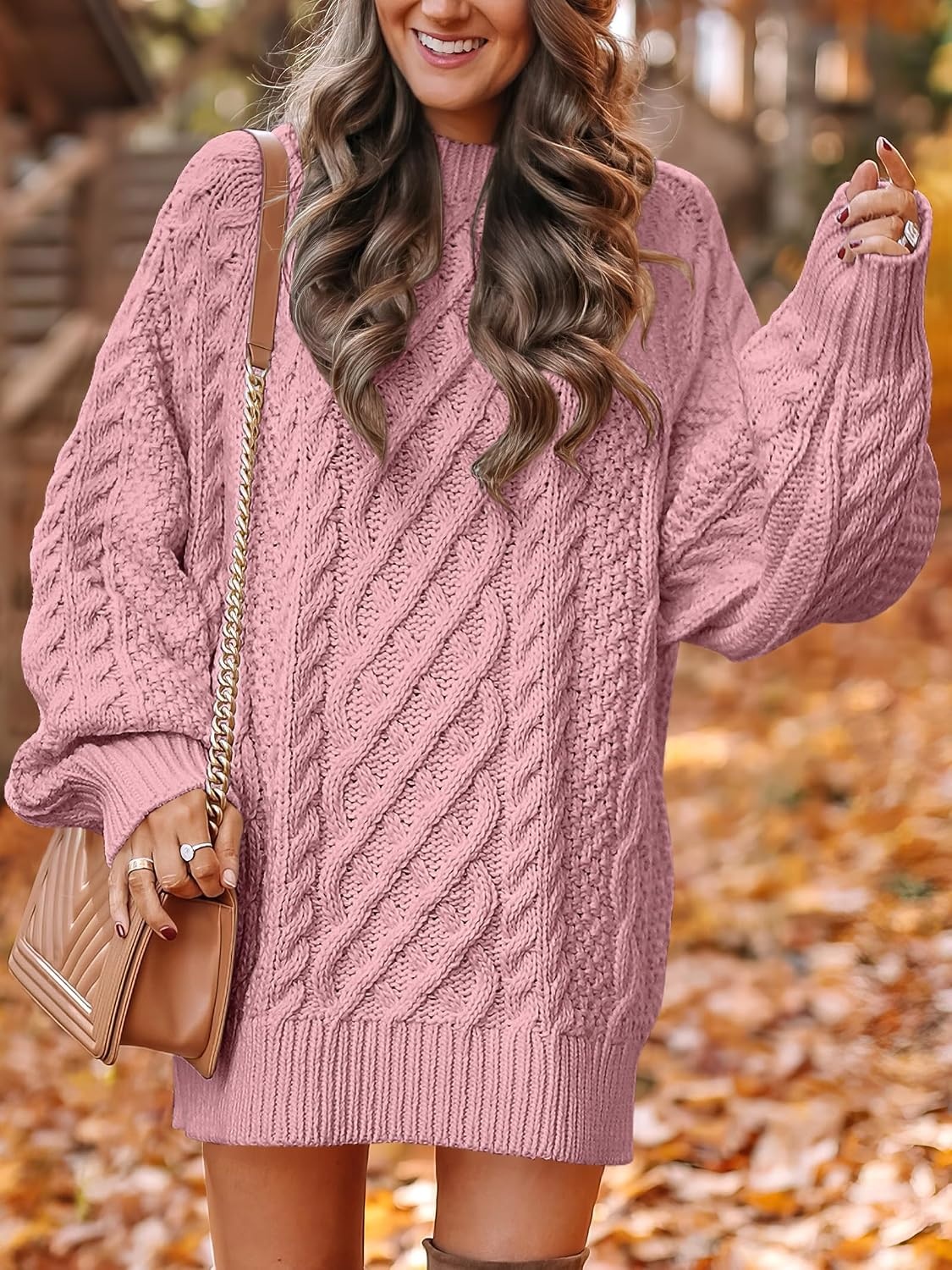 image:imageANRABESS Sweater Dress for Women Oversized Cable Knit Fall Long SleeveRed Pink