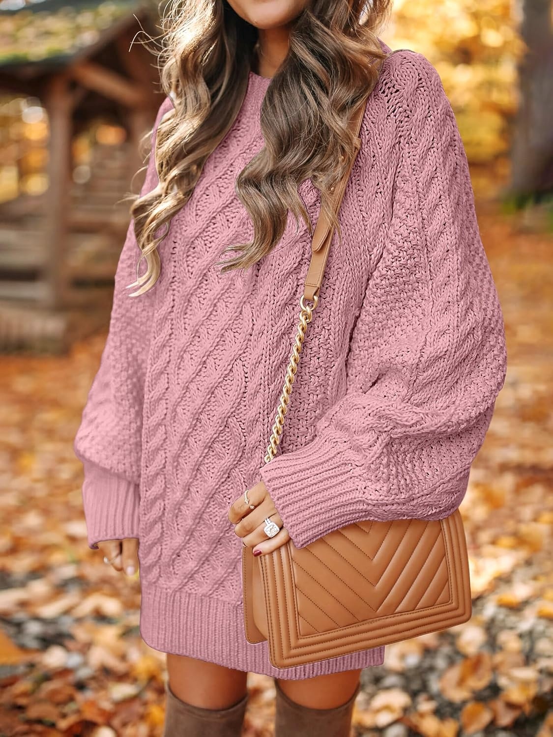 image:imageANRABESS Sweater Dress for Women Oversized Cable Knit Fall Long SleeveRed Pink
