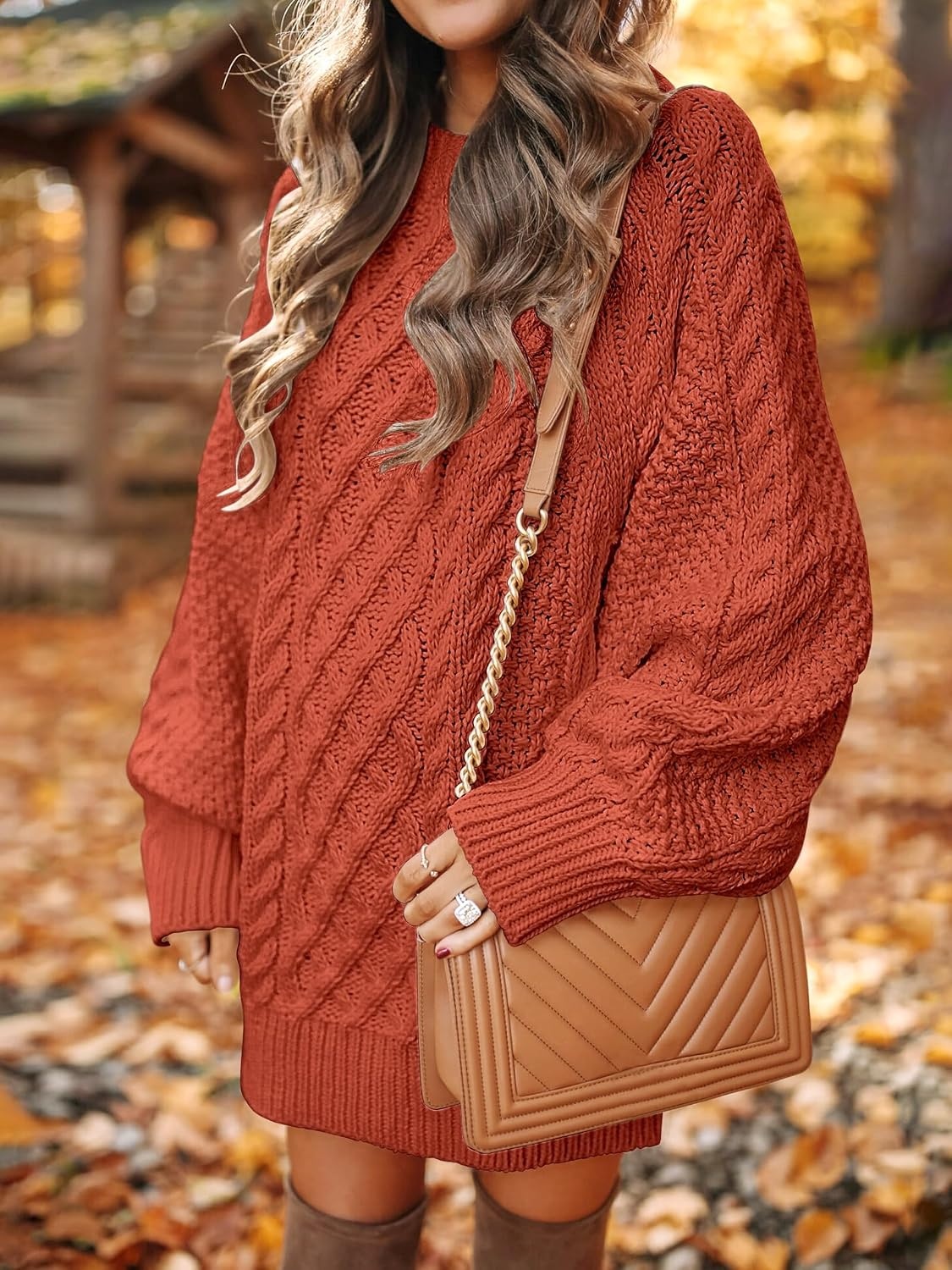 image:imageANRABESS Sweater Dress for Women Oversized Cable Knit Fall Long SleeveRust Orange