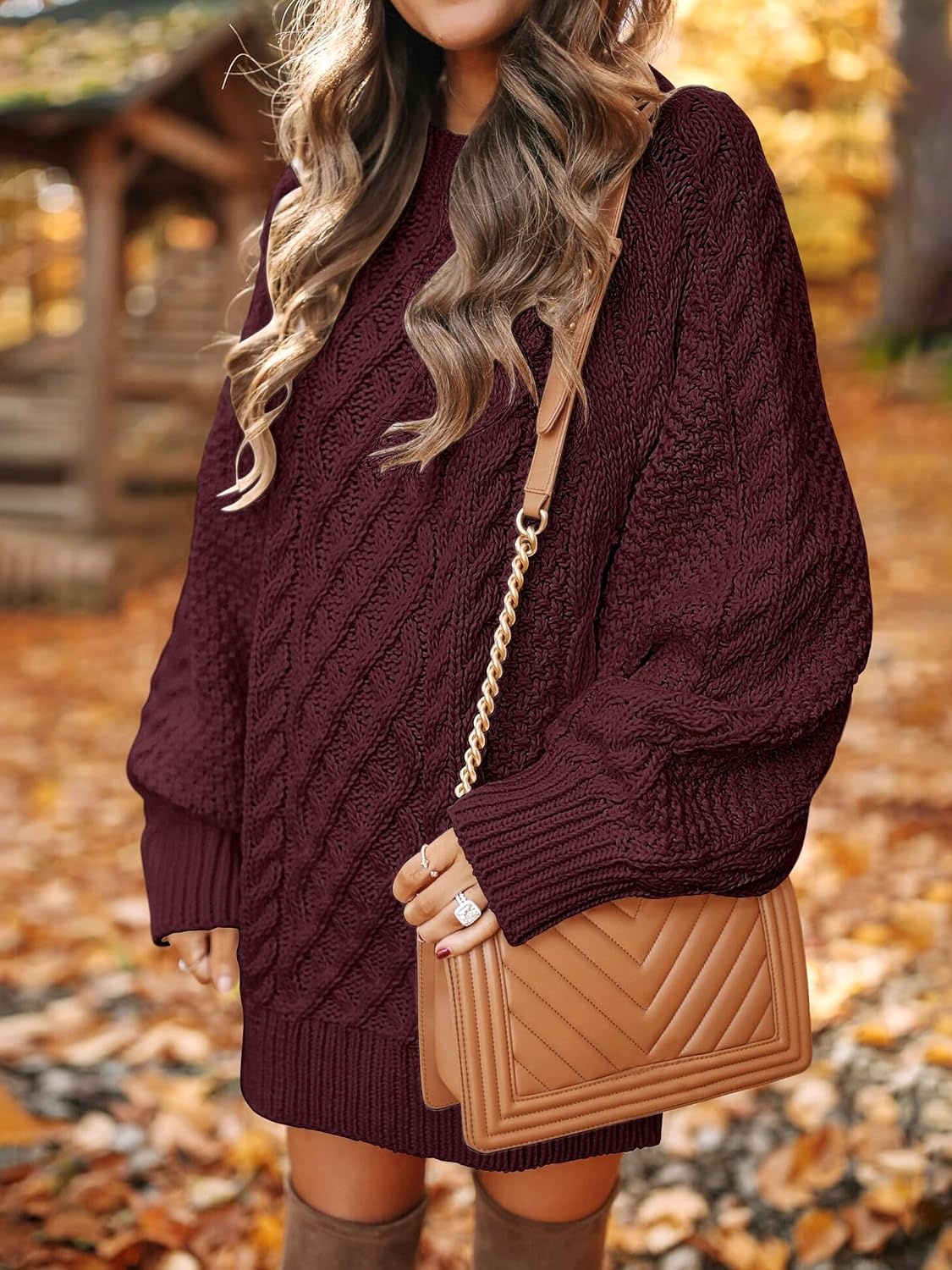 image:imageANRABESS Sweater Dress for Women Oversized Cable Knit Fall Long SleeveWine Red