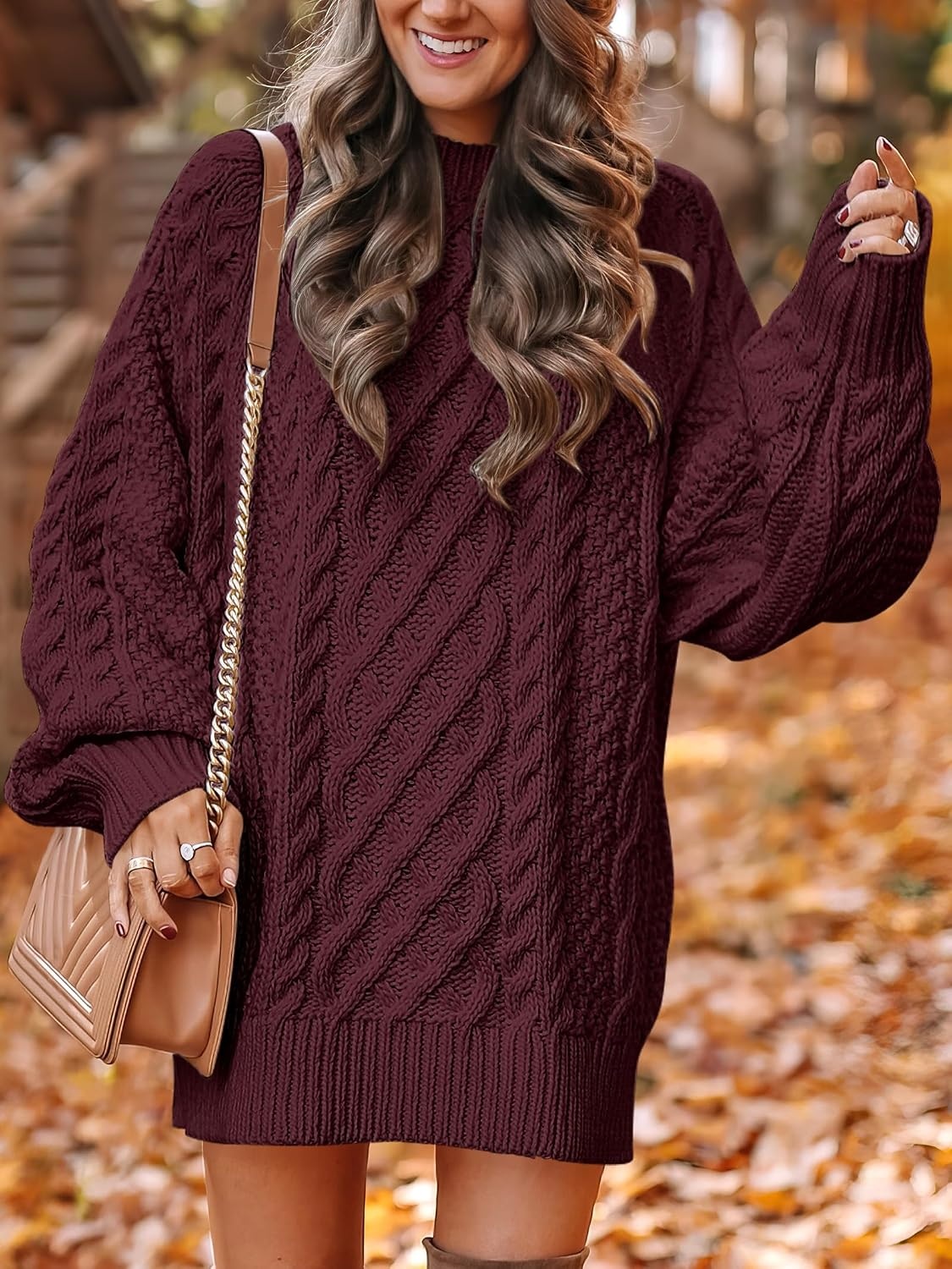 image:imageANRABESS Sweater Dress for Women Oversized Cable Knit Fall Long SleeveWine Red