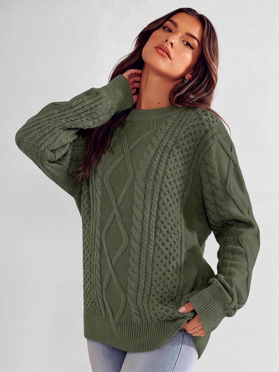 image:imageANRABESS Sweaters for Women Oversized Cable Knit Pullover Fall OutfitsArmy Green