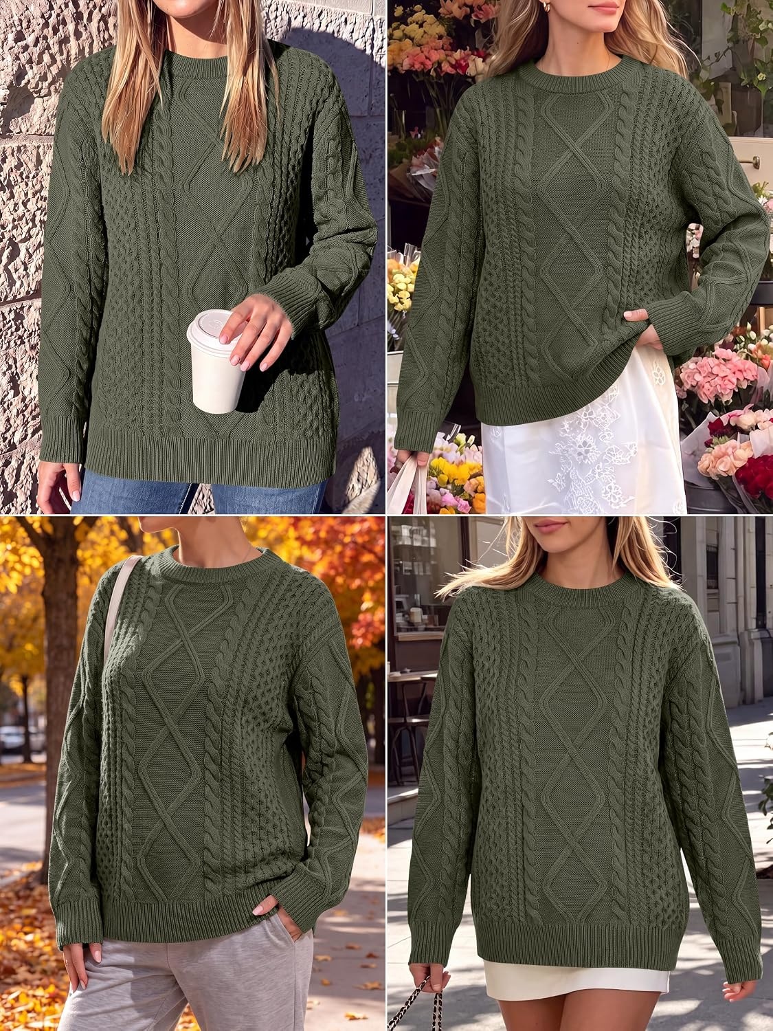 image:imageANRABESS Sweaters for Women Oversized Cable Knit Pullover Fall OutfitsArmy Green