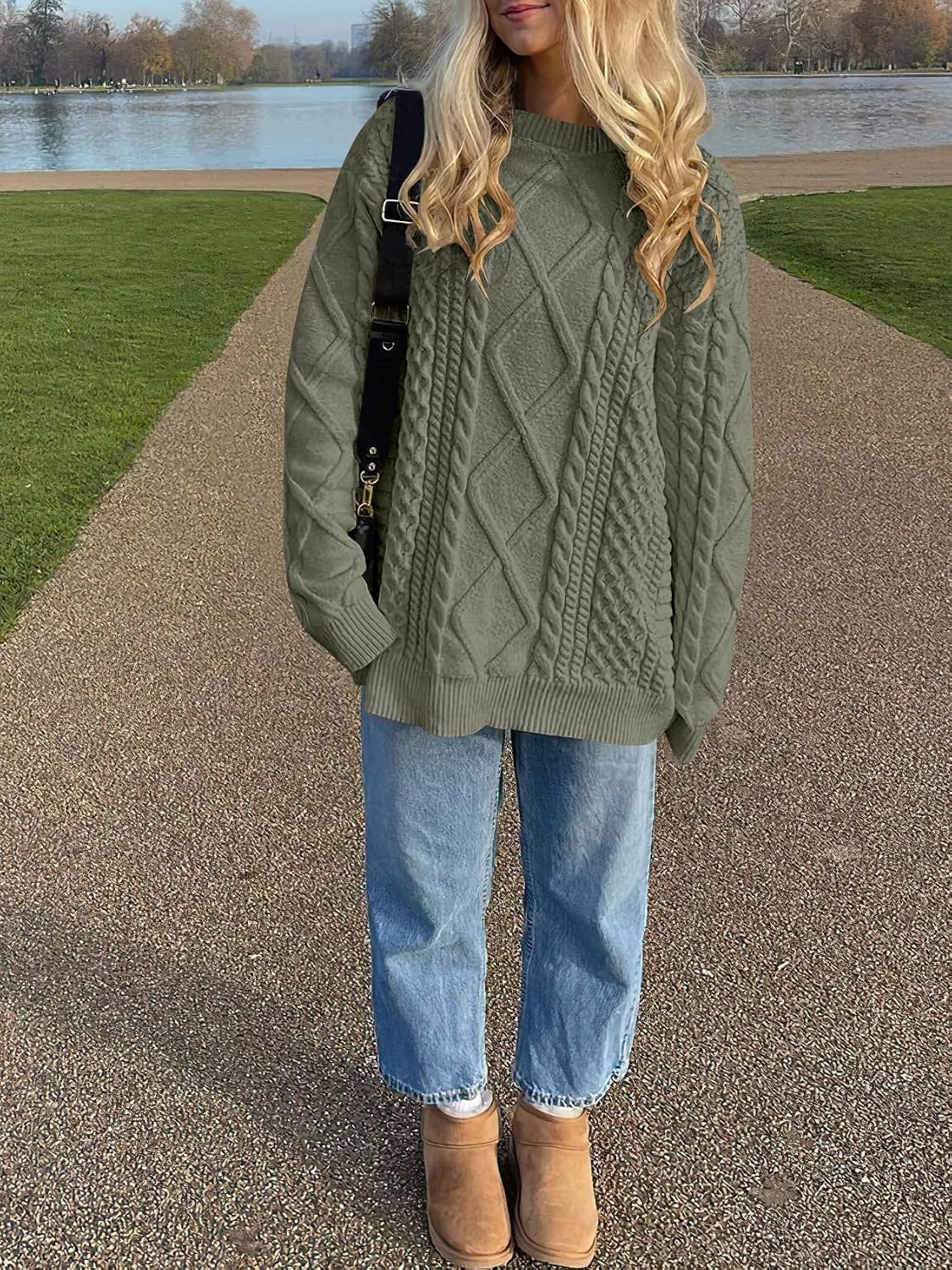 image:imageANRABESS Sweaters for Women Oversized Cable Knit Pullover Fall OutfitsArmy Green