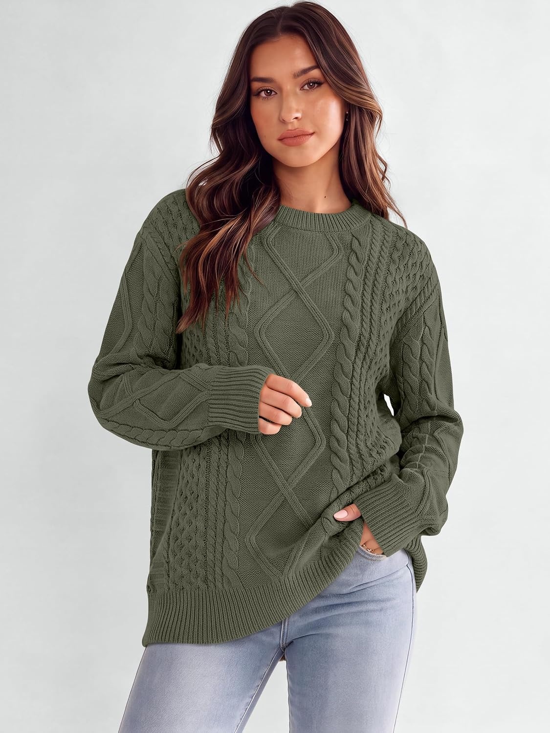 image:imageANRABESS Sweaters for Women Oversized Cable Knit Pullover Fall OutfitsArmy Green