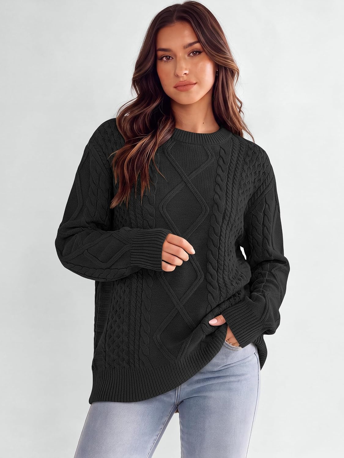 image:imageANRABESS Sweaters for Women Oversized Cable Knit Pullover Fall OutfitsBlack