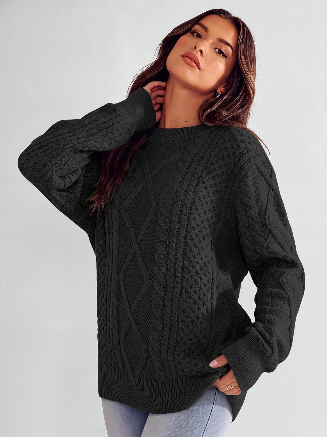 image:imageANRABESS Sweaters for Women Oversized Cable Knit Pullover Fall OutfitsBlack
