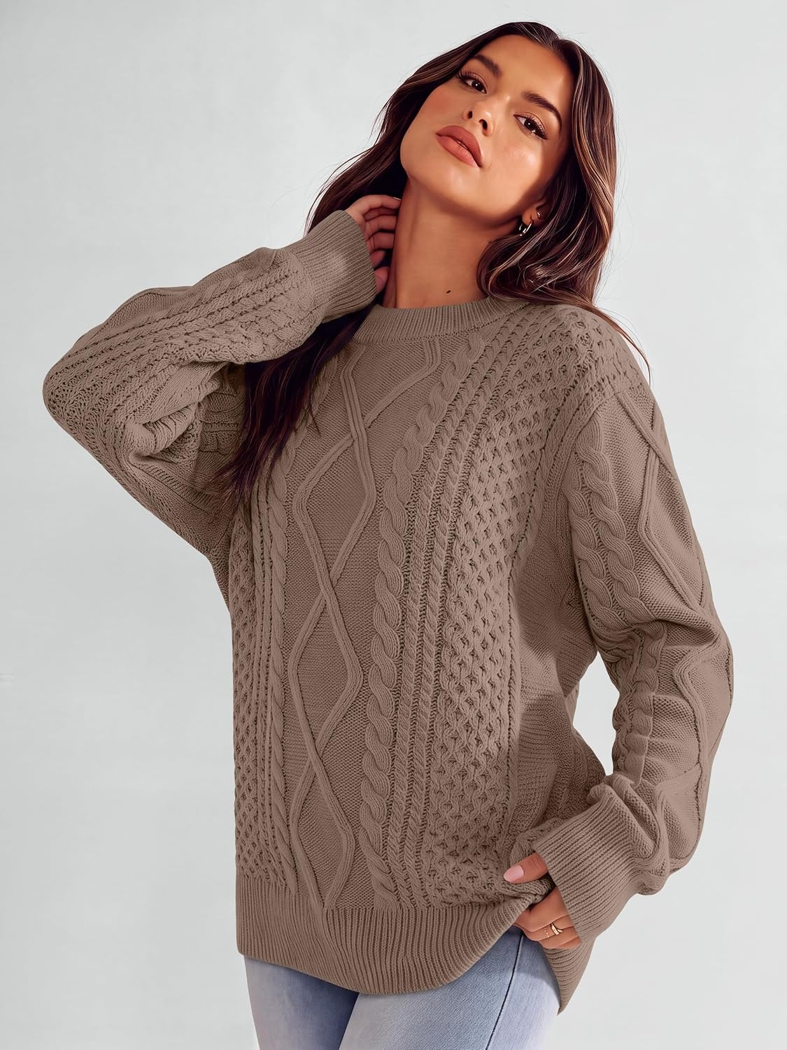 image:imageANRABESS Sweaters for Women Oversized Cable Knit Pullover Fall OutfitsCoffee