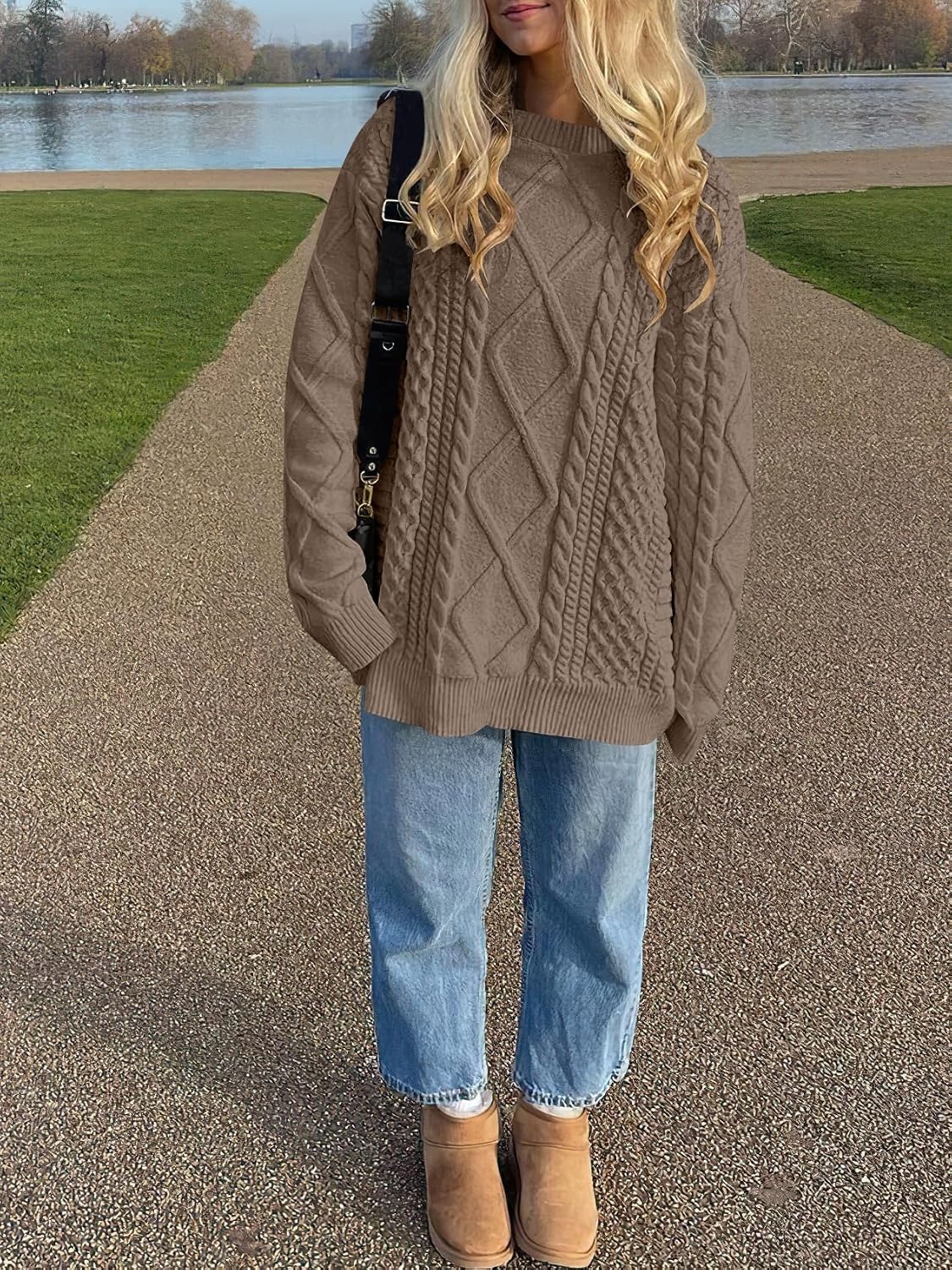 image:imageANRABESS Sweaters for Women Oversized Cable Knit Pullover Fall OutfitsCoffee