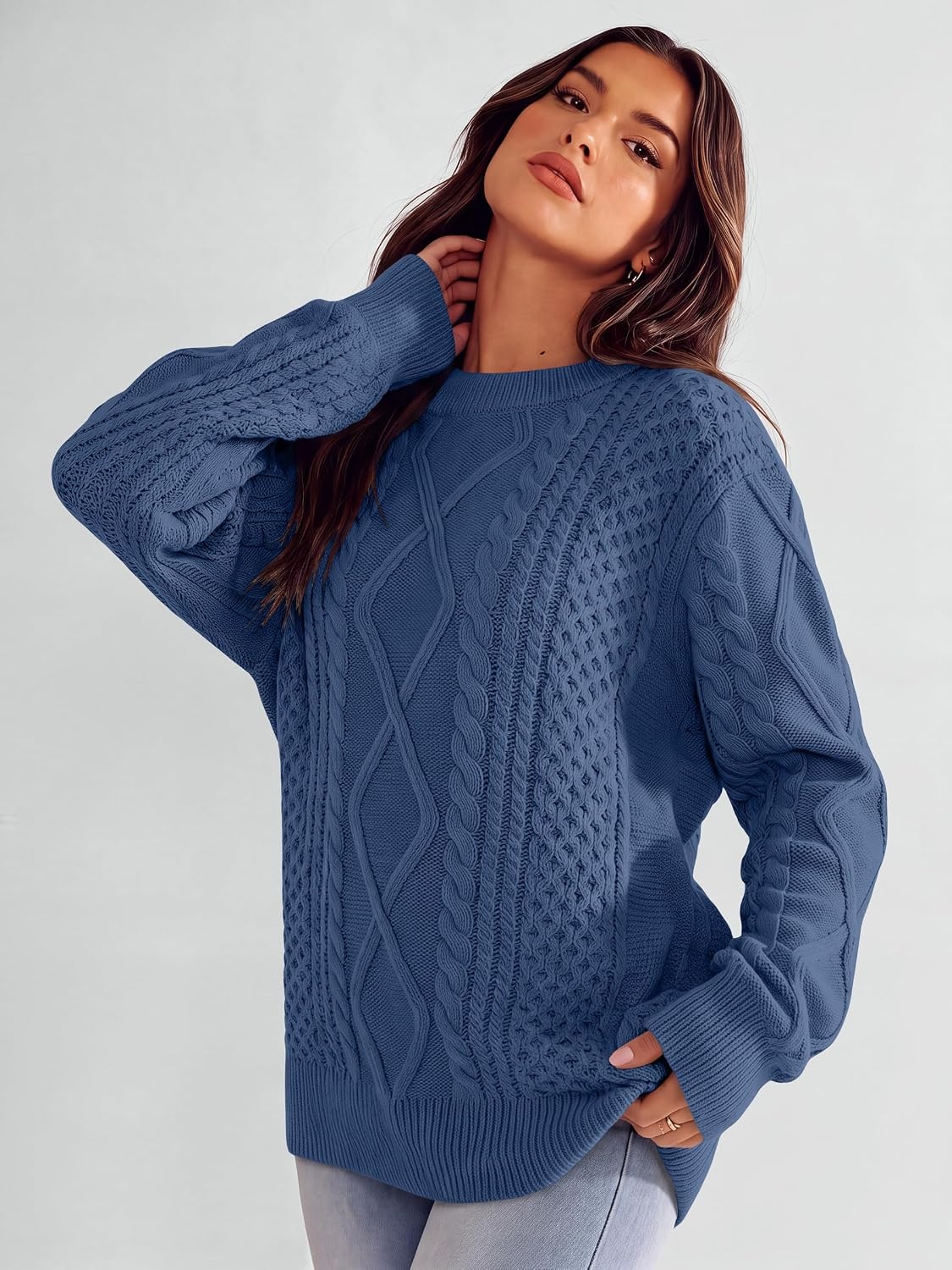 image:imageANRABESS Sweaters for Women Oversized Cable Knit Pullover Fall OutfitsDeep Blue