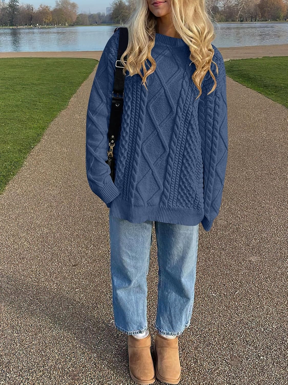 image:imageANRABESS Sweaters for Women Oversized Cable Knit Pullover Fall OutfitsDeep Blue