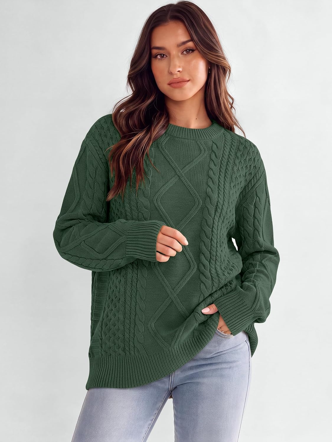 image:imageANRABESS Sweaters for Women Oversized Cable Knit Pullover Fall OutfitsDeep Green