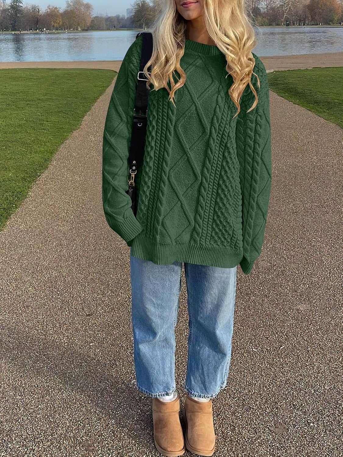 image:imageANRABESS Sweaters for Women Oversized Cable Knit Pullover Fall OutfitsDeep Green