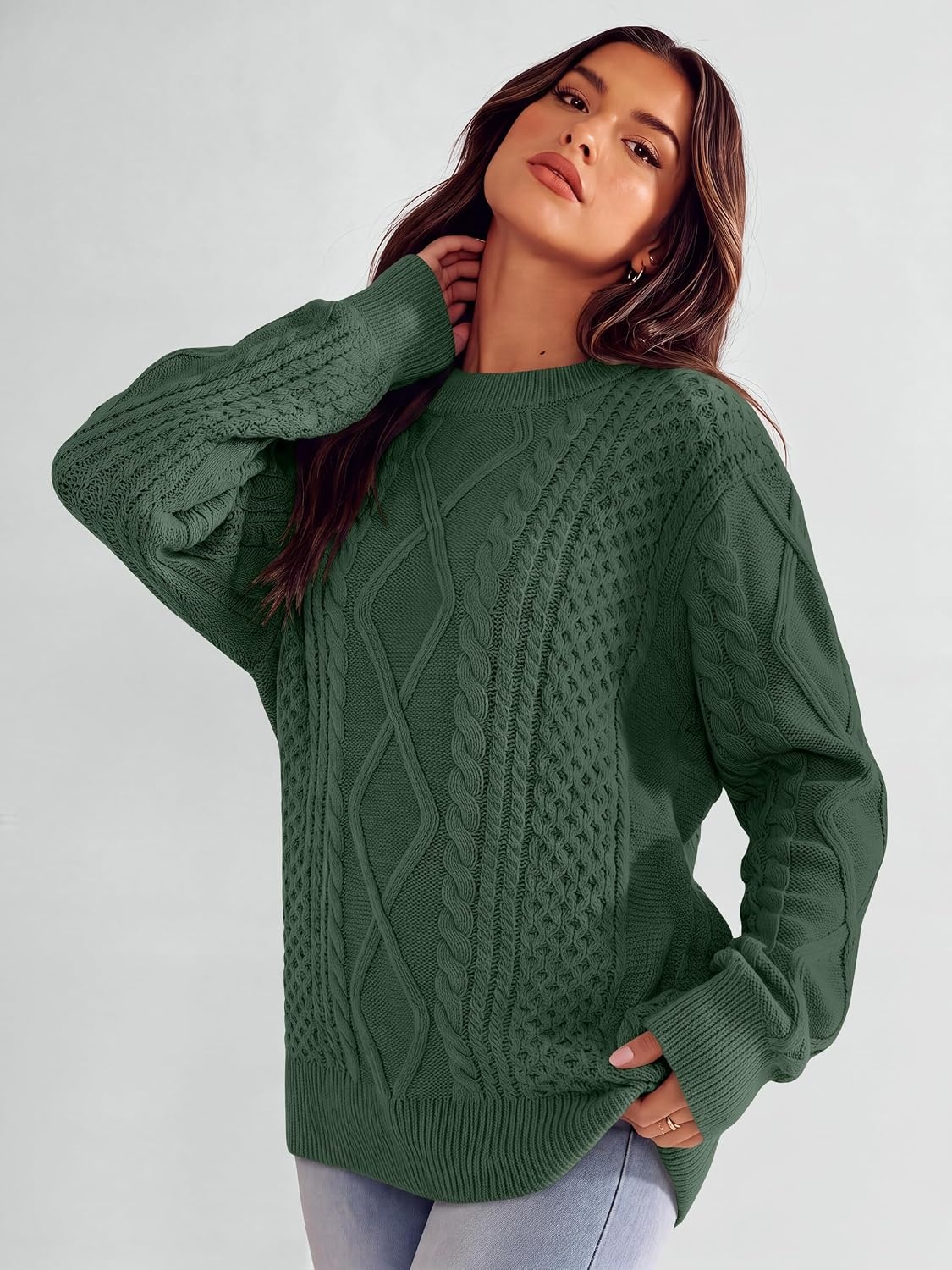 image:imageANRABESS Sweaters for Women Oversized Cable Knit Pullover Fall OutfitsDeep Green