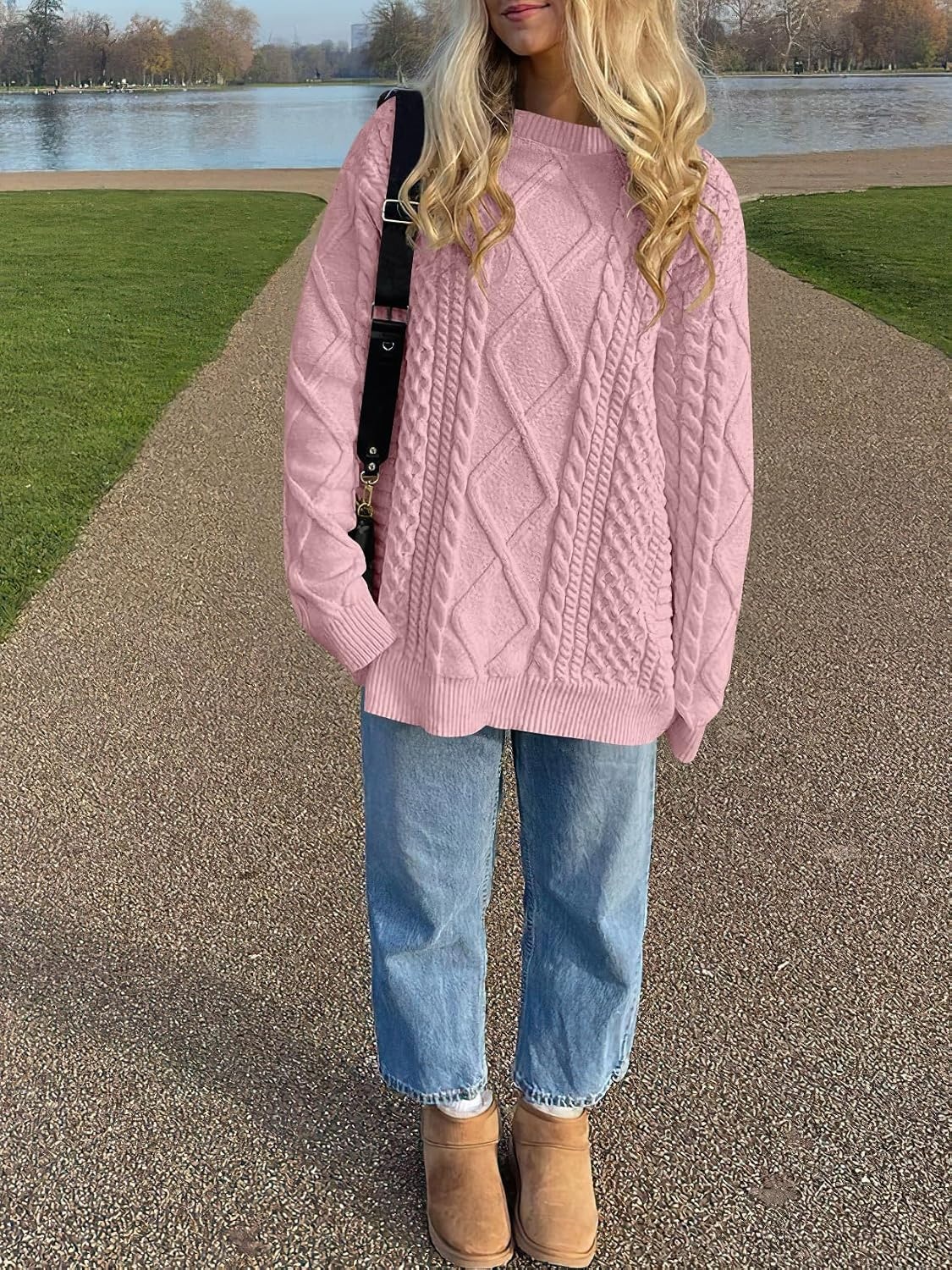 image:imageANRABESS Sweaters for Women Oversized Cable Knit Pullover Fall OutfitsLight Pink