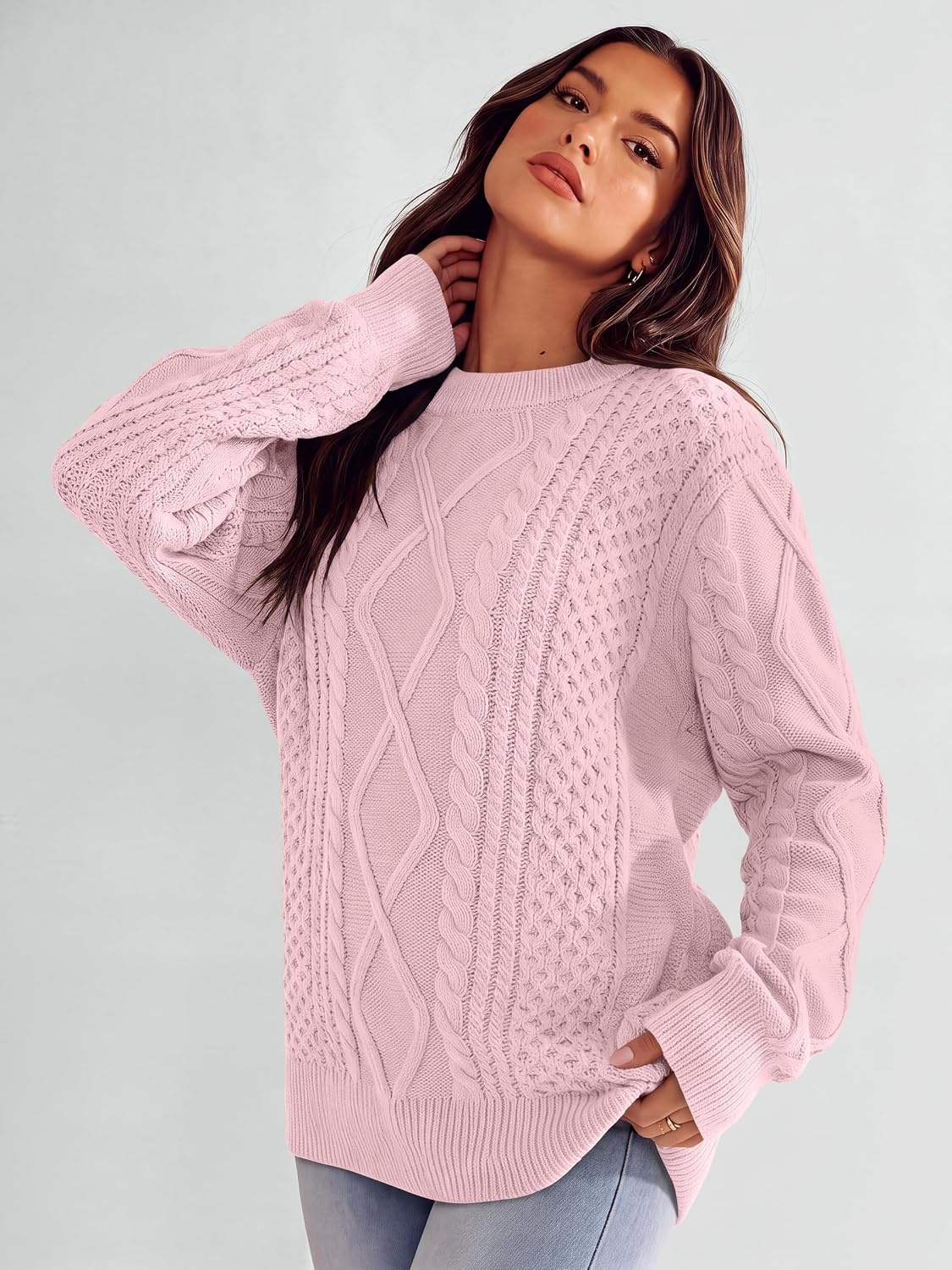 image:imageANRABESS Sweaters for Women Oversized Cable Knit Pullover Fall OutfitsLight Pink