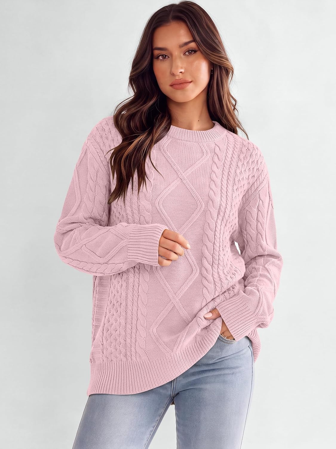 image:imageANRABESS Sweaters for Women Oversized Cable Knit Pullover Fall OutfitsLight Pink