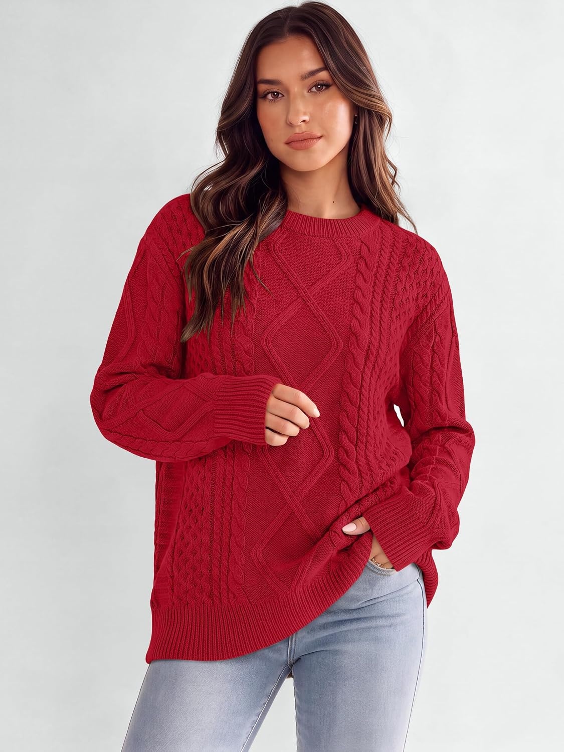 image:imageANRABESS Sweaters for Women Oversized Cable Knit Pullover Fall OutfitsRed