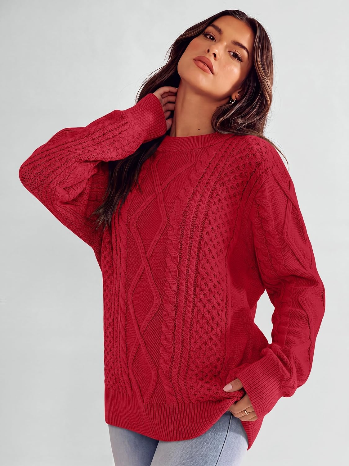 image:imageANRABESS Sweaters for Women Oversized Cable Knit Pullover Fall OutfitsRed