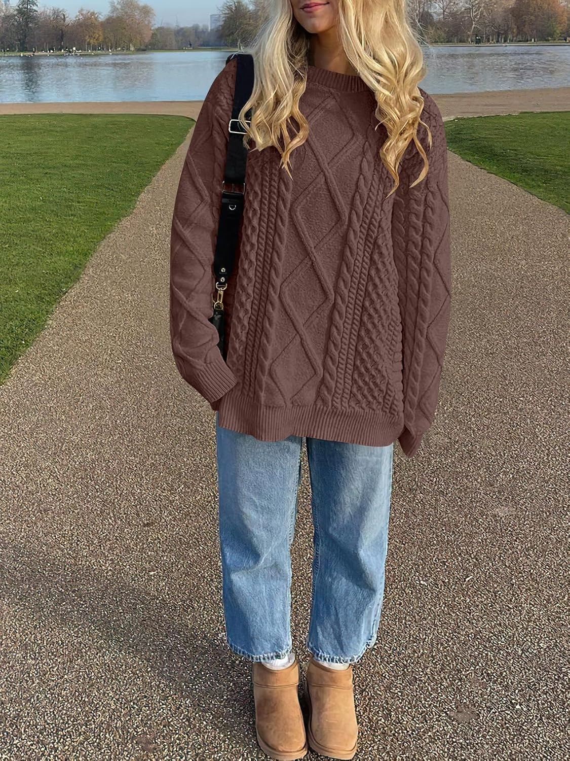 image:imageANRABESS Sweaters for Women Oversized Cable Knit Pullover Fall OutfitsRed Brown