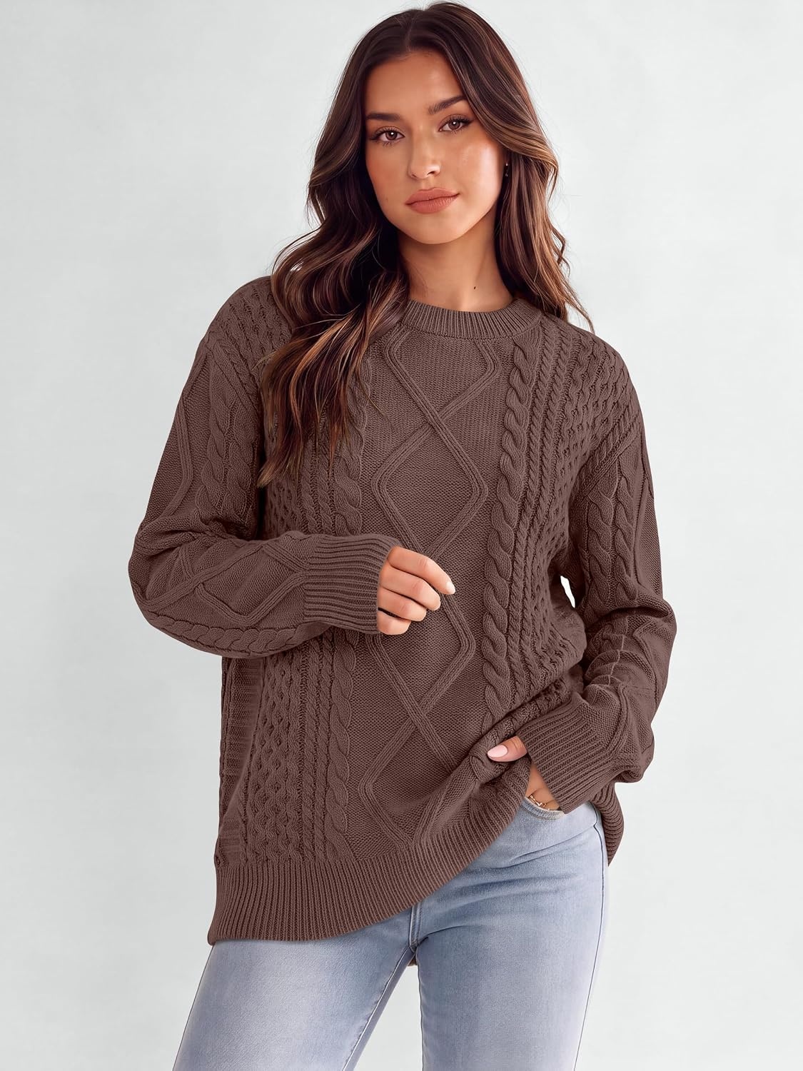 image:imageANRABESS Sweaters for Women Oversized Cable Knit Pullover Fall OutfitsRed Brown