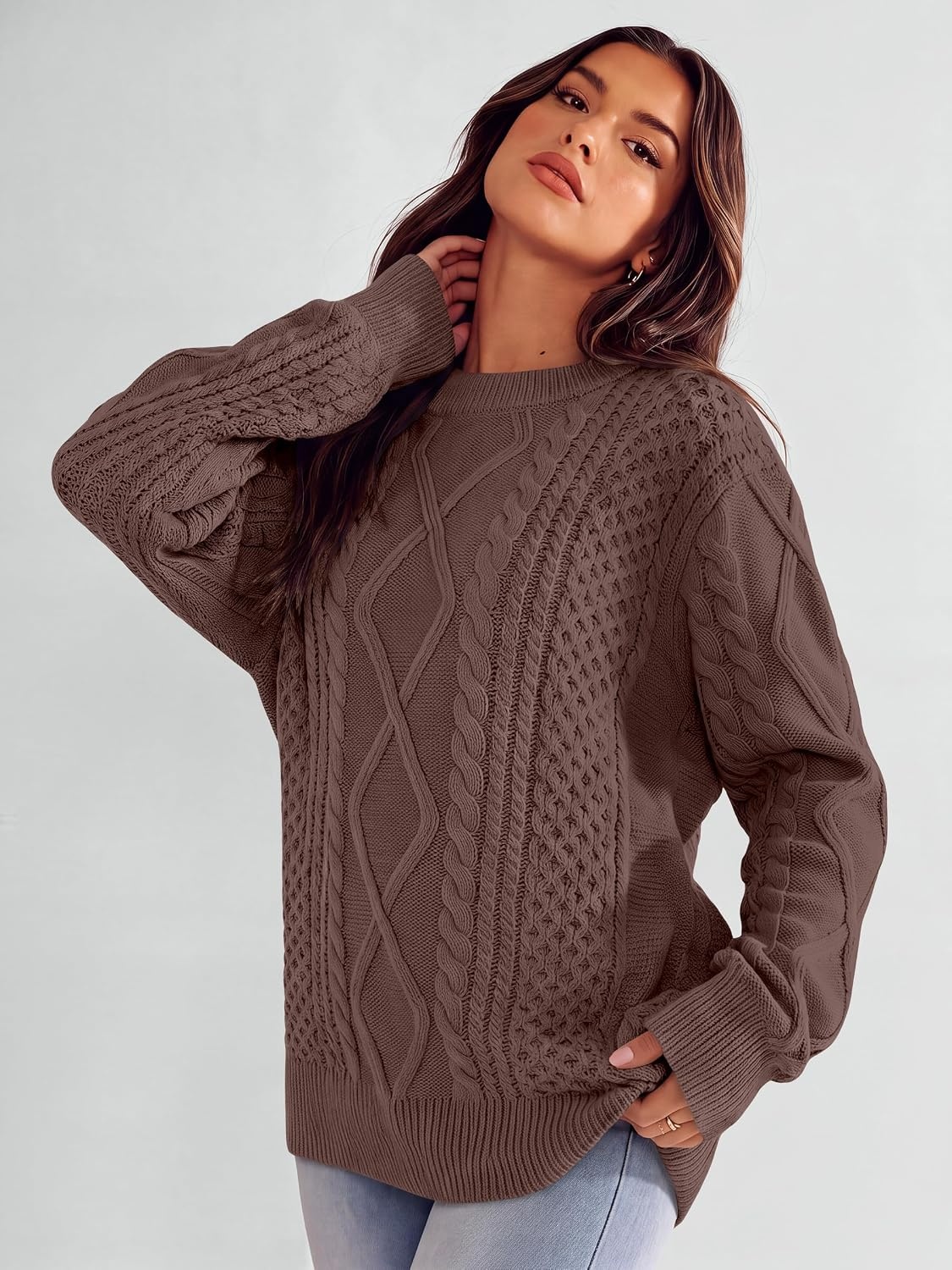 image:imageANRABESS Sweaters for Women Oversized Cable Knit Pullover Fall OutfitsRed Brown