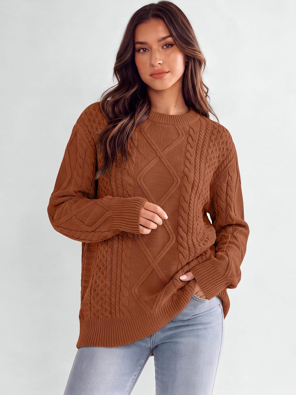 image:imageANRABESS Sweaters for Women Oversized Cable Knit Pullover Fall OutfitsRust Orange