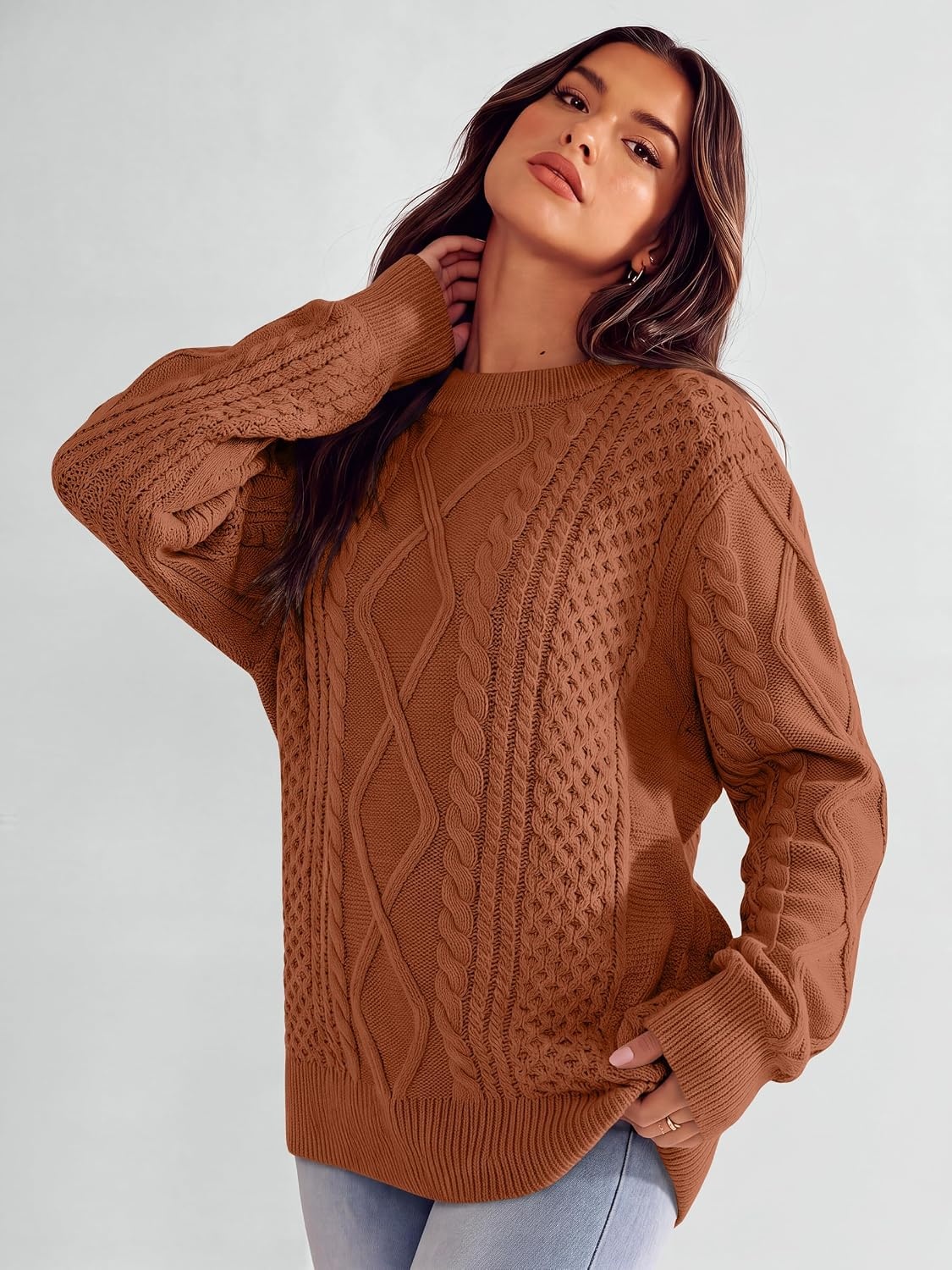 image:imageANRABESS Sweaters for Women Oversized Cable Knit Pullover Fall OutfitsRust Orange