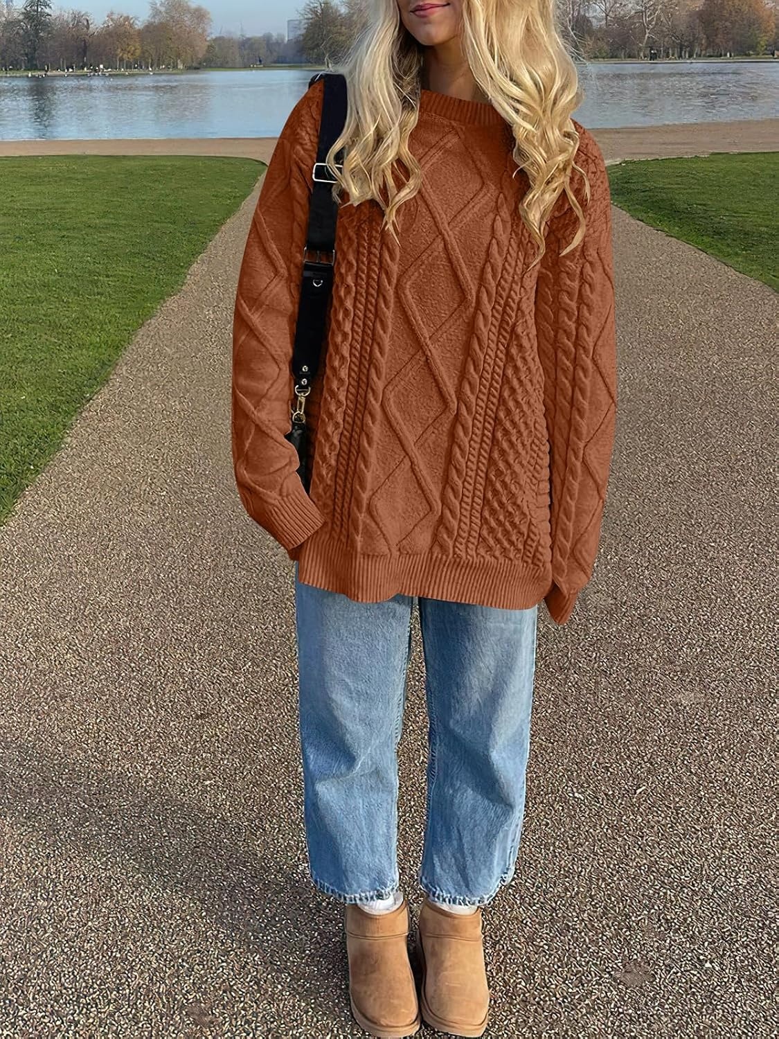 image:imageANRABESS Sweaters for Women Oversized Cable Knit Pullover Fall OutfitsRust Orange